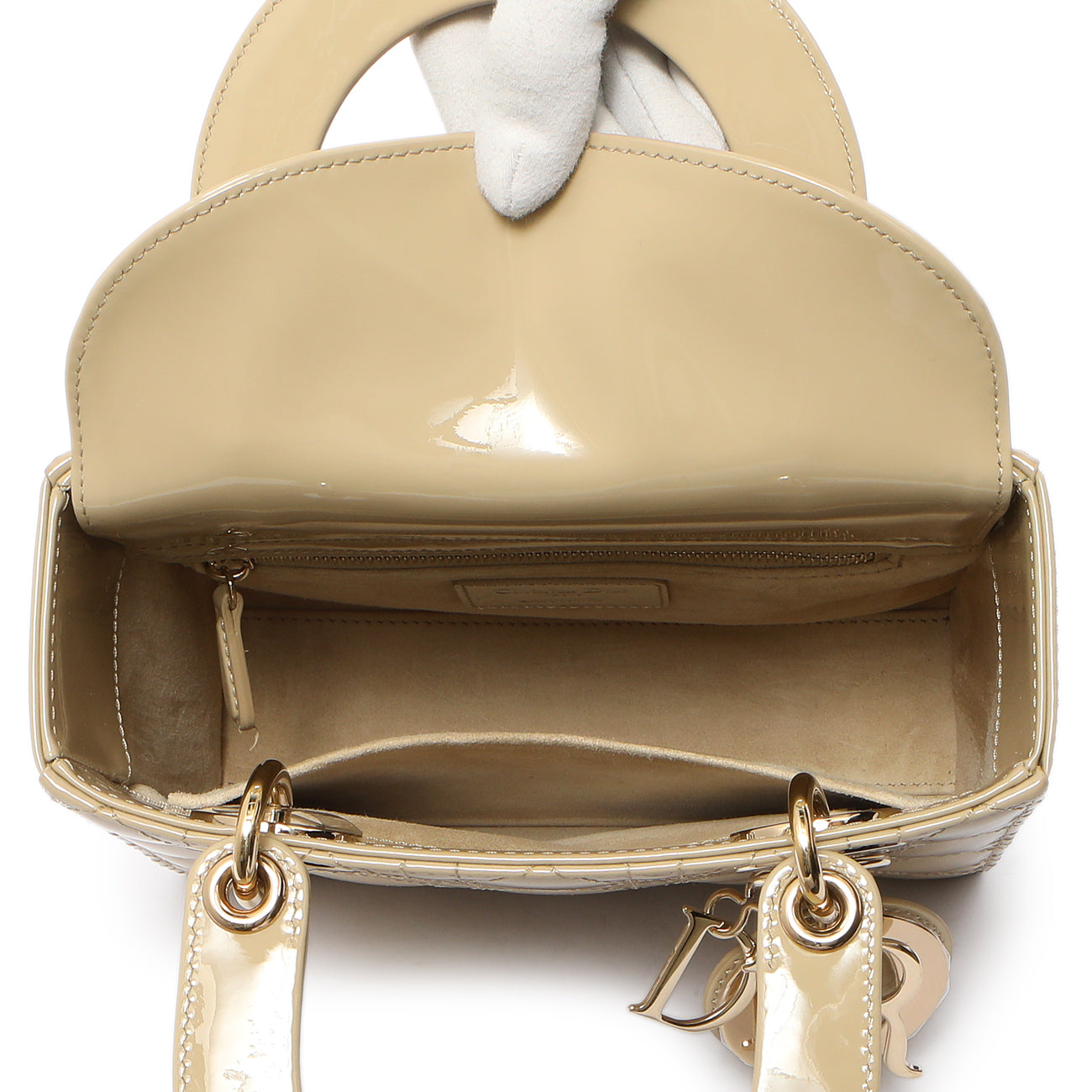 Exclusive Christian Dior Beige Patent Cannage Small Lady Dior — Top View