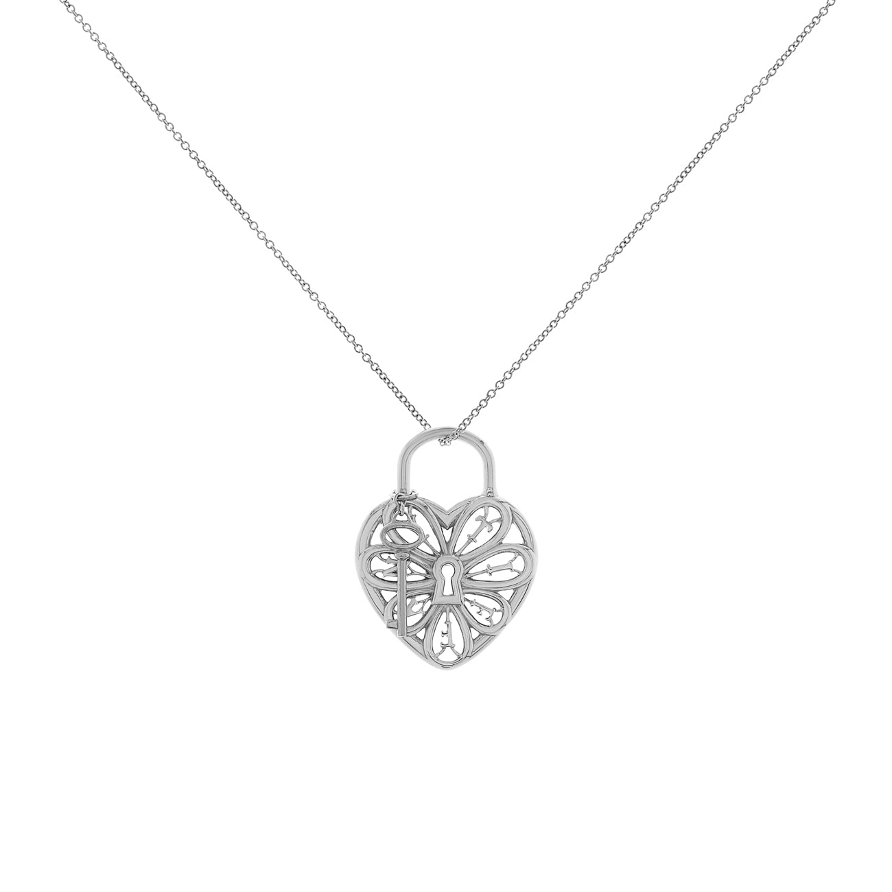 Exclusive Tiffany & Co. Sterling Silver Filigree Heart Lock & Key Necklace — Front View