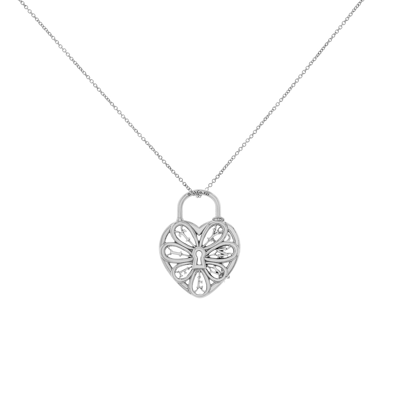 Exclusive Tiffany & Co. Sterling Silver Filigree Heart Lock & Key Necklace — Side View