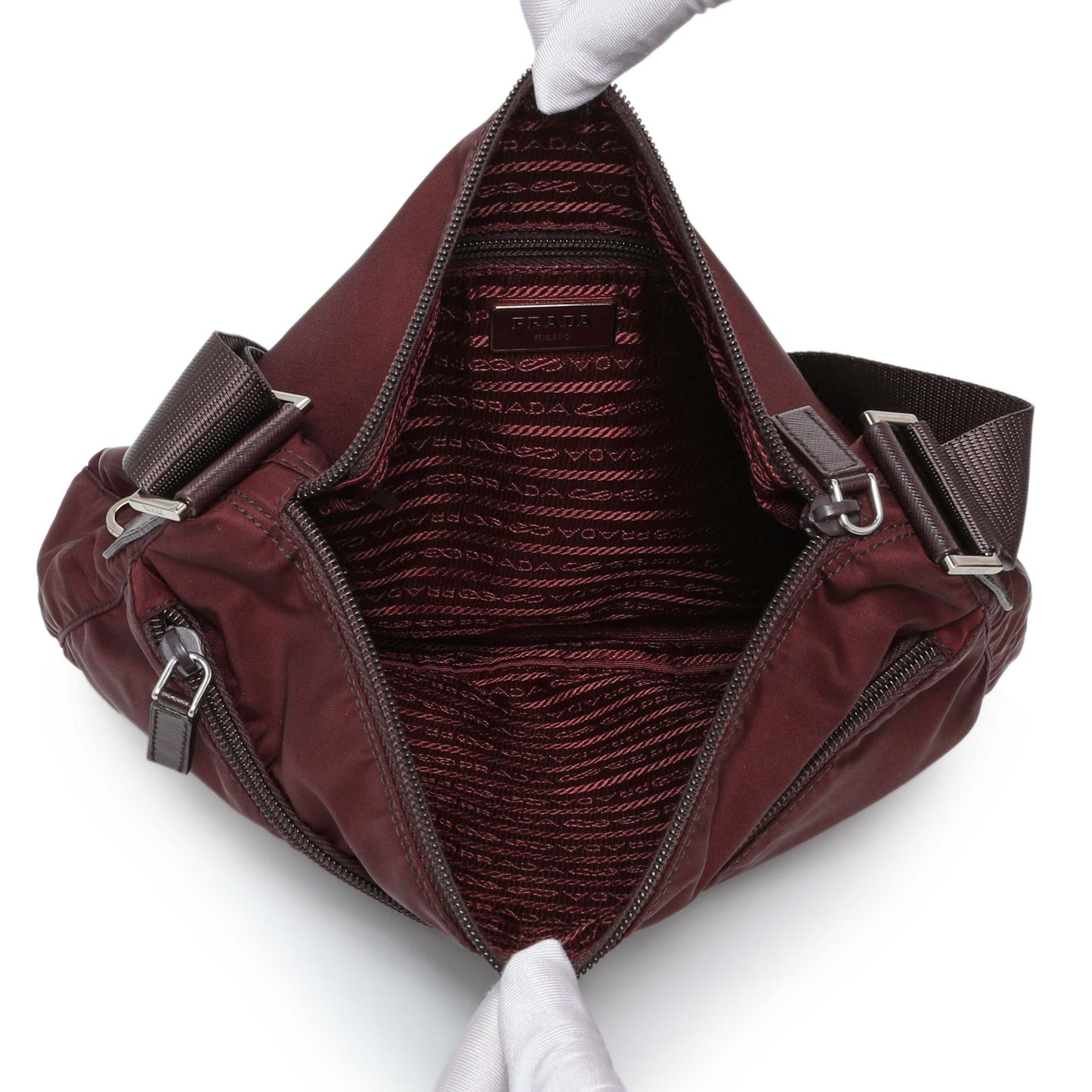 Exclusive Prada Burgundy Tessuto Nylon Messenger Bag — Top View