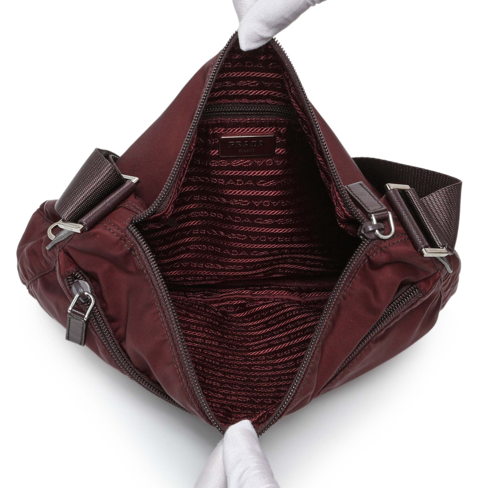 Exclusive Prada Burgundy Tessuto Nylon Messenger Bag — Top View