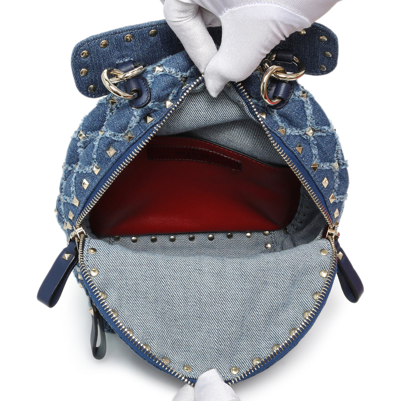 Exclusive Valentino Blue Denim Mini Rockstud Spike Backpack — Detail View