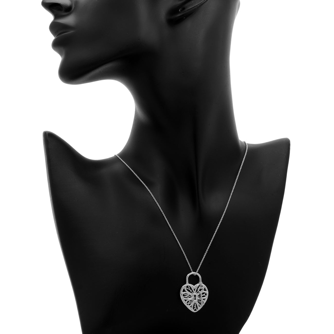 Exclusive Tiffany & Co. Sterling Silver Filigree Heart Lock & Key Necklace — Detail View