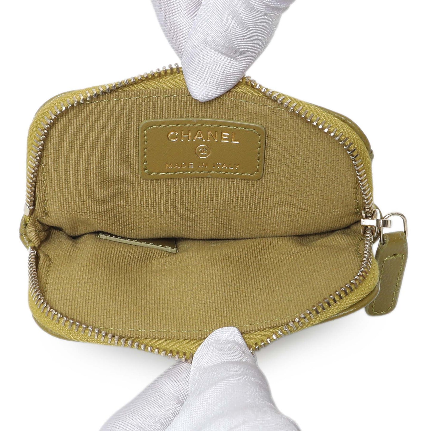 Exclusive Chanel Khaki Green Caviar Crystal CC Zipped Coin Purse — Top View