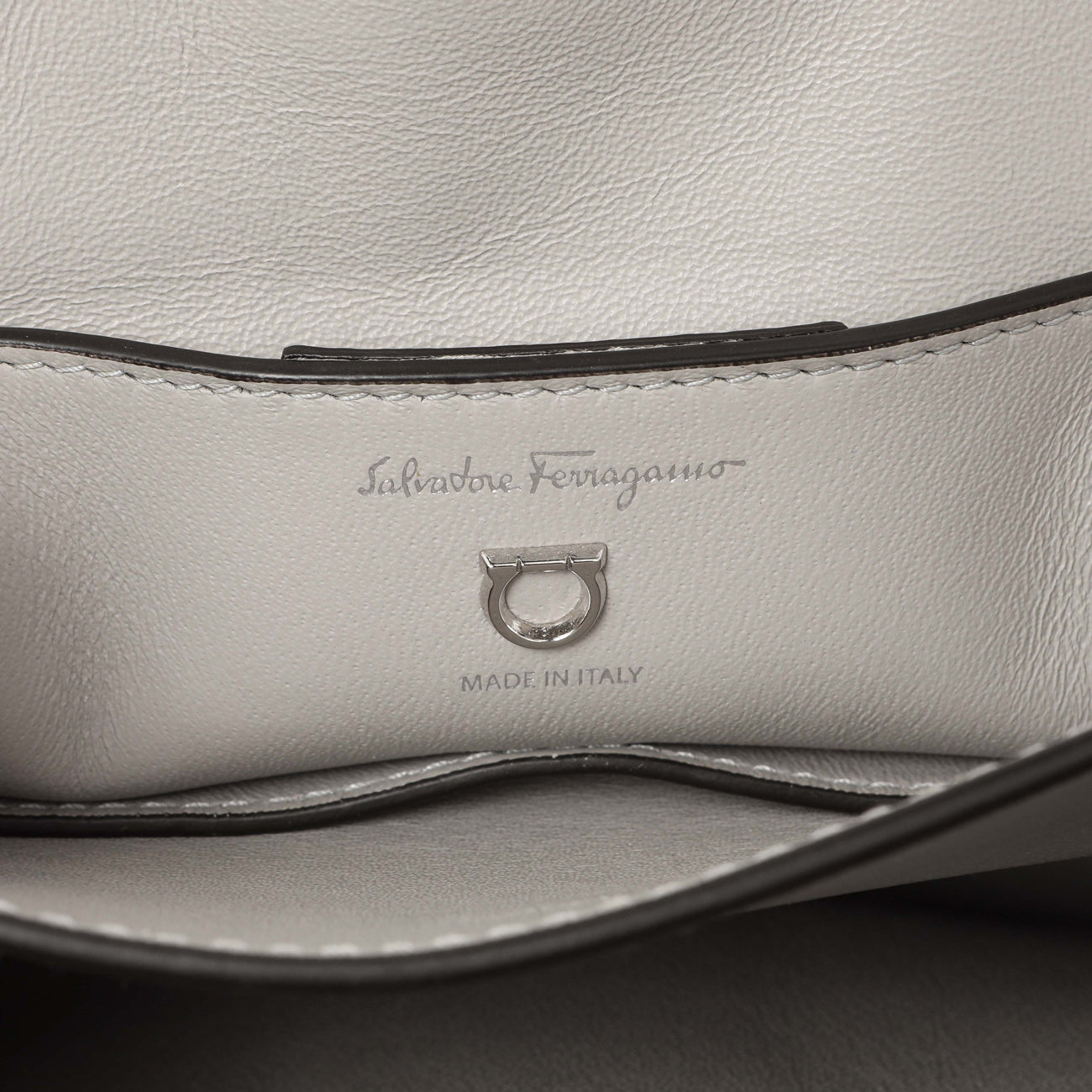 Exclusive Salvatore Ferragamo Grey Calfskin Small Margot Top Handle — Detail View