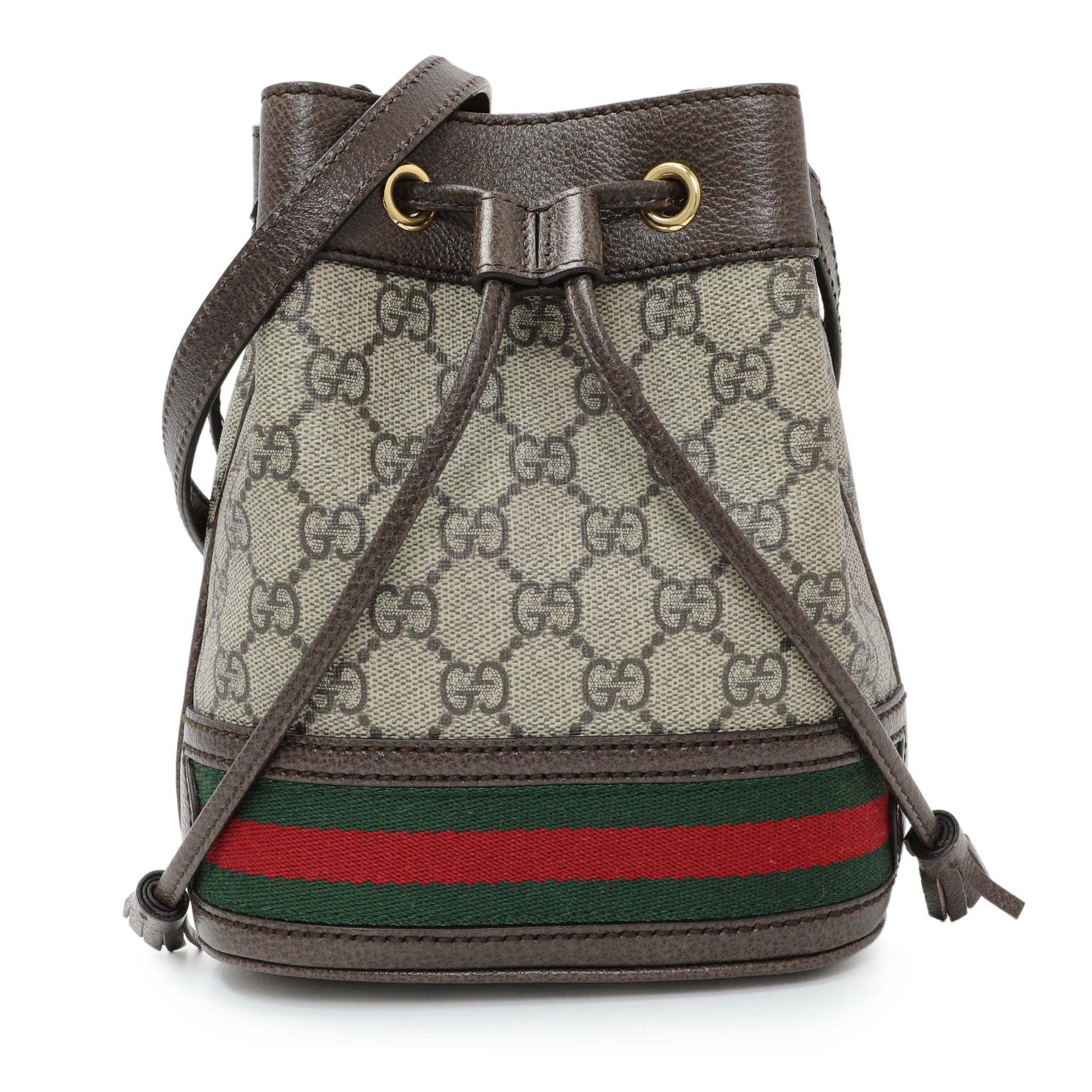 Exclusive Gucci GG Supreme Monogram Web Mini Ophidia Bucket Bag — Front View