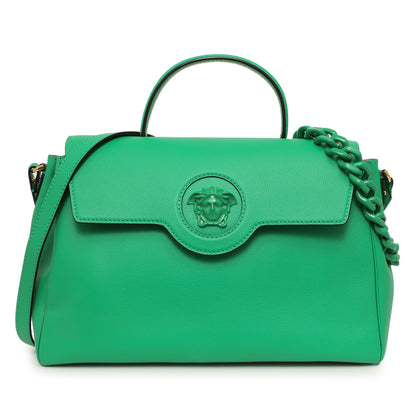 Exclusive Versace Green Calfskin Large La Medusa Top Handle — Front View