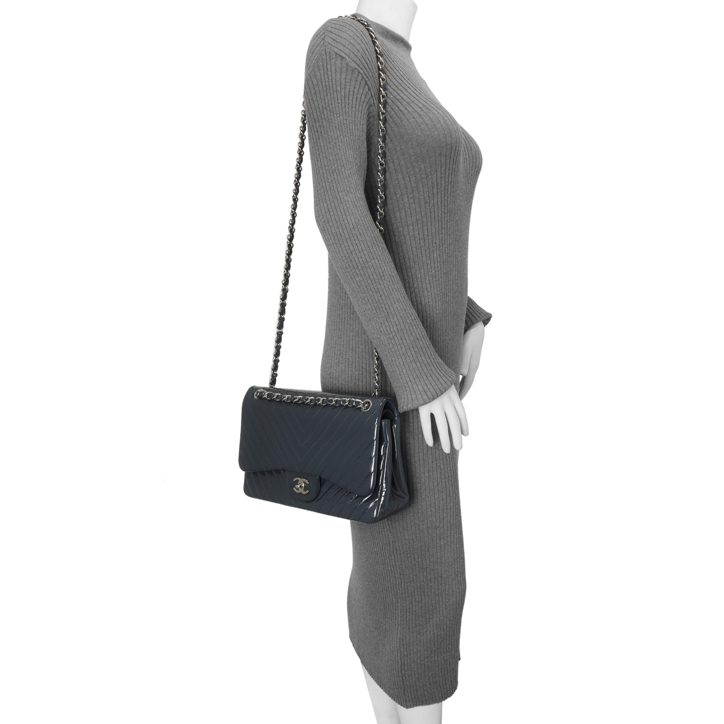 Exclusive Chanel Blue Chevron Quilted Patent Jumbo Classic Double Flap — Alternate View 8