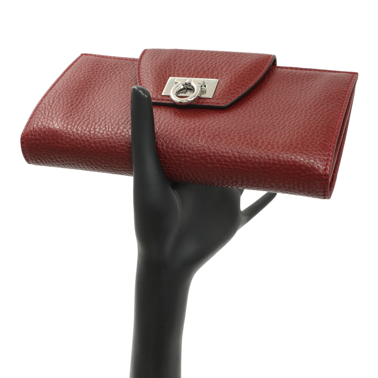 Exclusive Salvatore Ferragamo Burgundy Calfskin Gancini Flap Wallet — Lifestyle View
