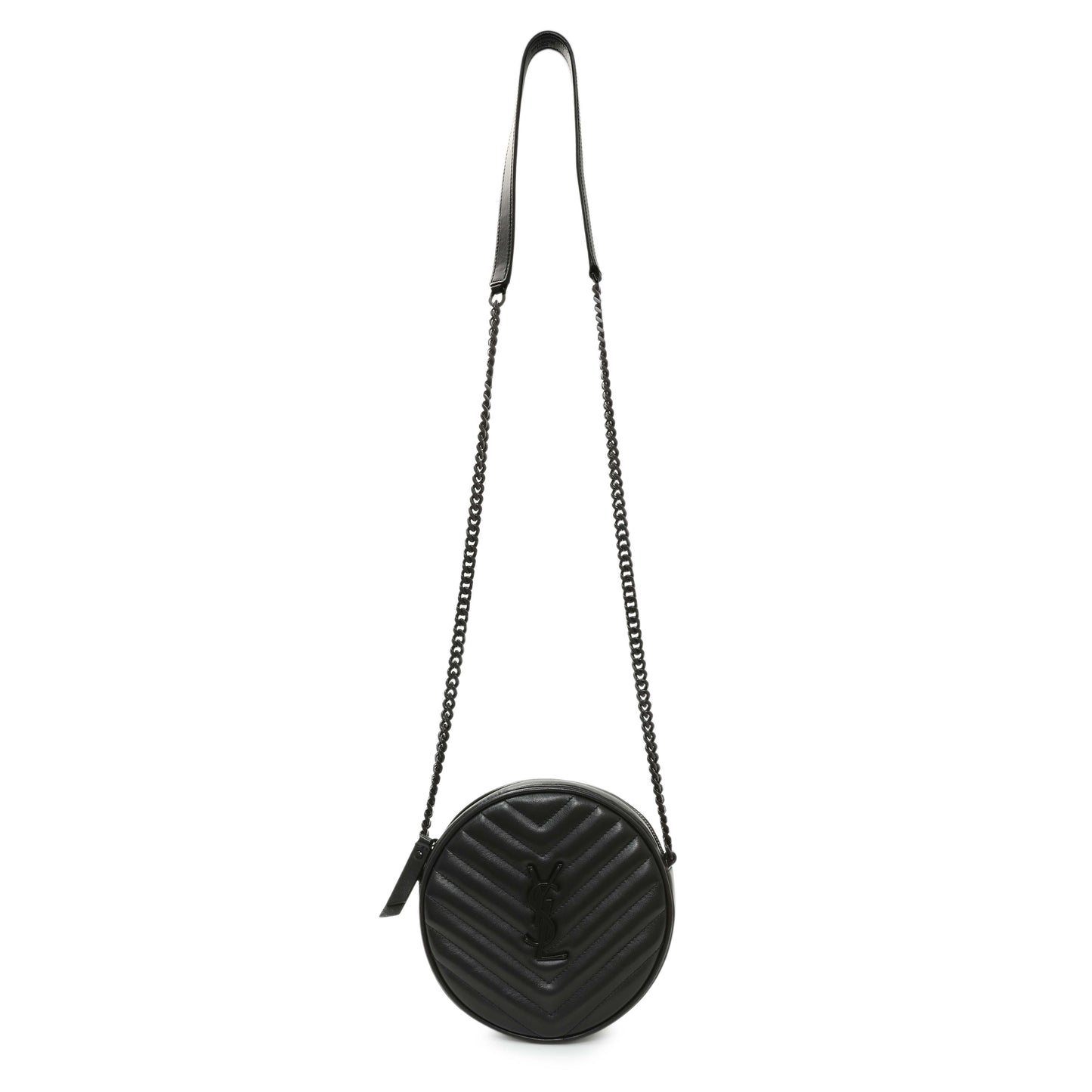 Exclusive Saint Laurent Black Calfskin Matelasse Chevron Round Vinyle Camera Bag — Front View
