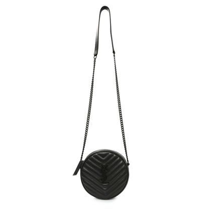 Exclusive Saint Laurent Black Calfskin Matelasse Chevron Round Vinyle Camera Bag — Front View