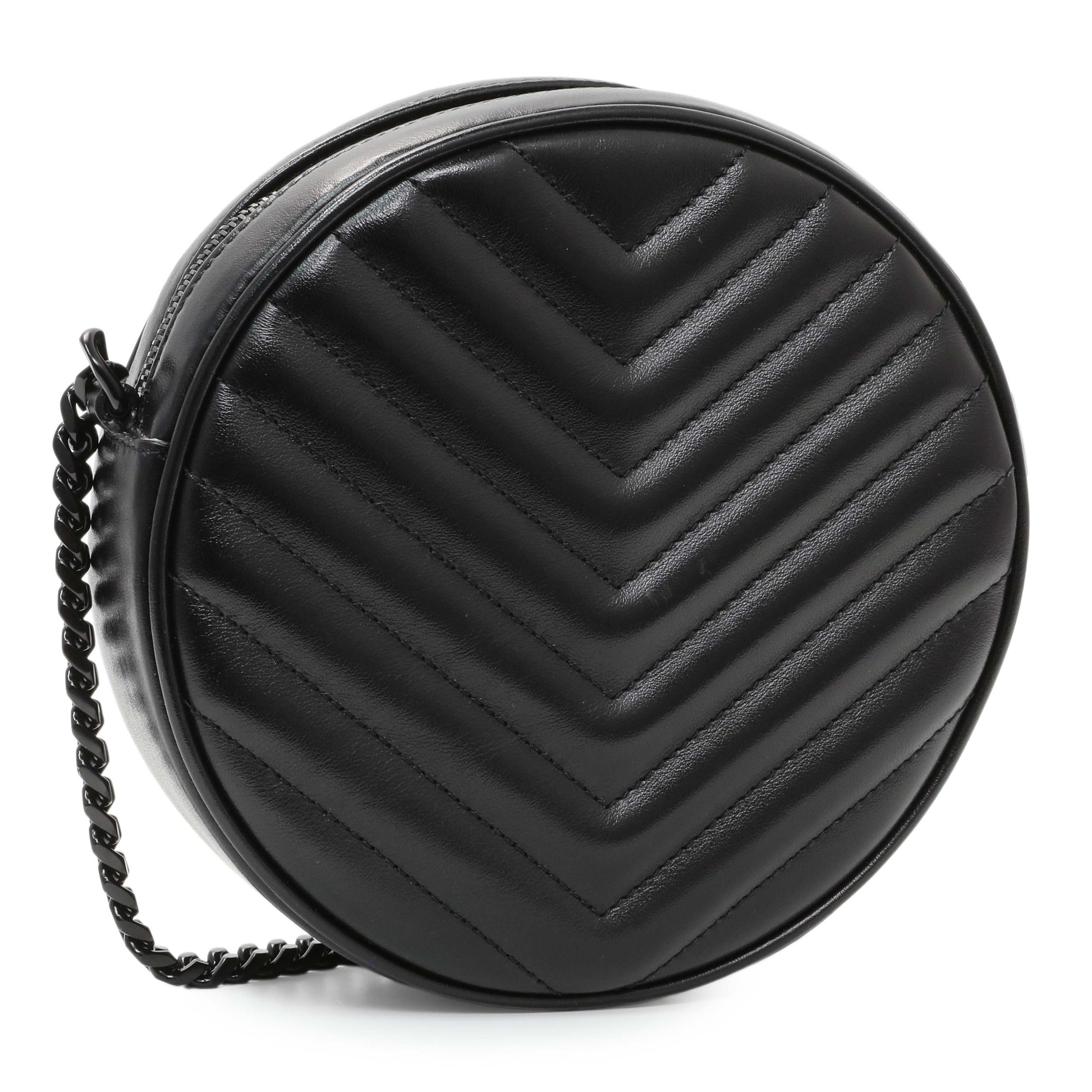 Exclusive Saint Laurent Black Calfskin Matelasse Chevron Round Vinyle Camera Bag — Side View