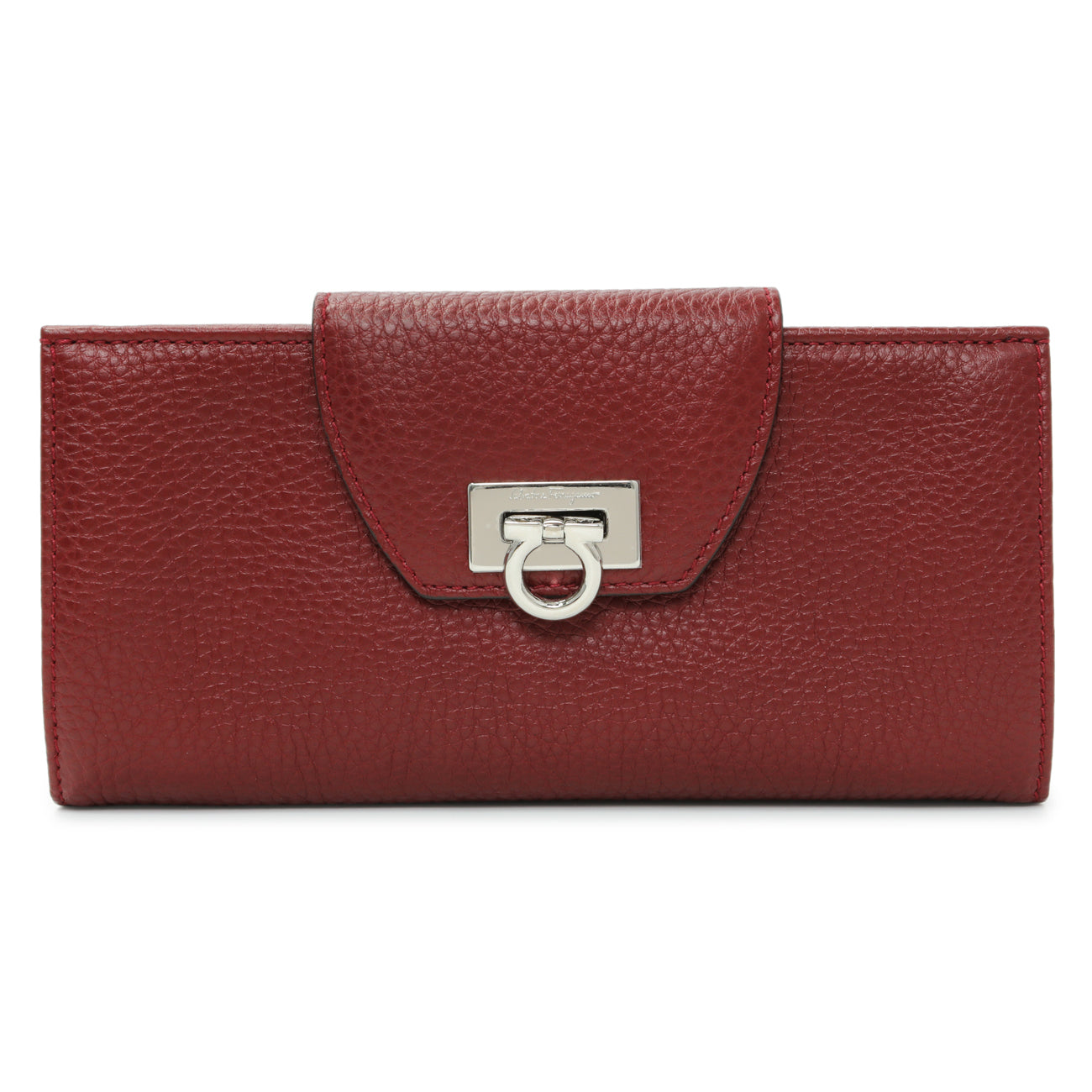 Exclusive Salvatore Ferragamo Burgundy Calfskin Gancini Flap Wallet — Front View