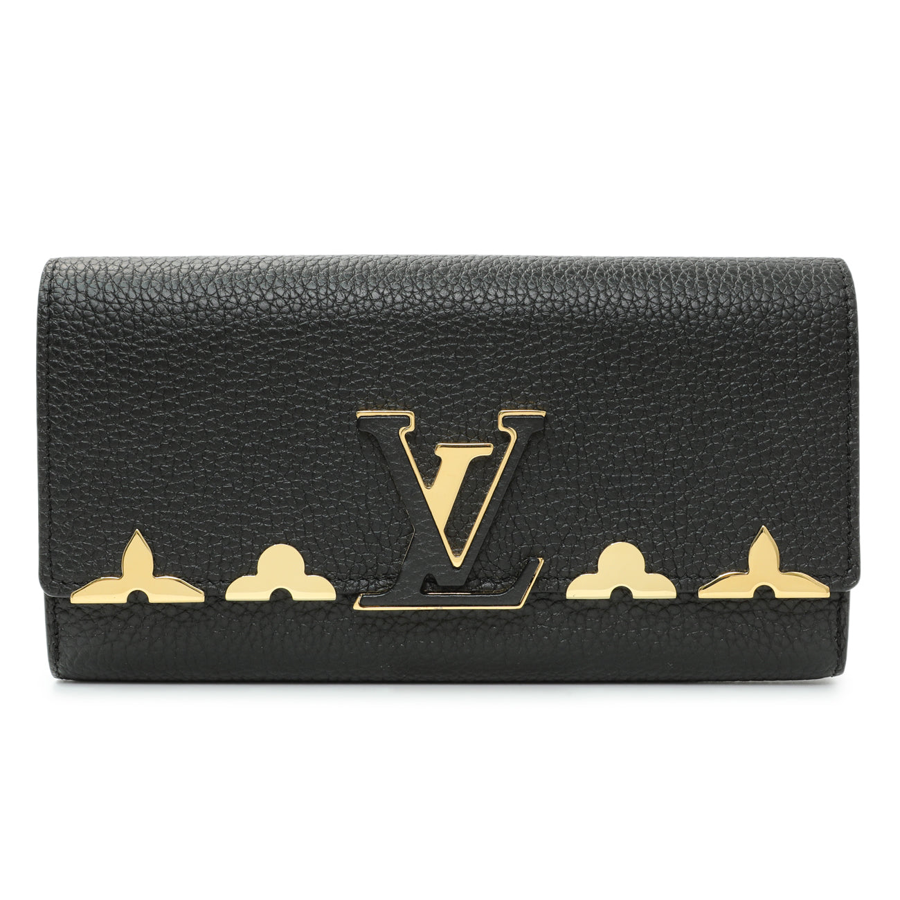 Exclusive Louis Vuitton Black Taurillon Leather Flower Studded Capucines Wallet — Front View