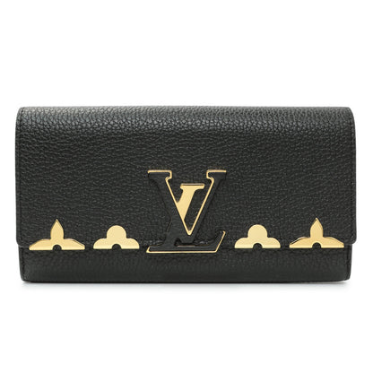 Exclusive Louis Vuitton Black Taurillon Leather Flower Studded Capucines Wallet — Front View