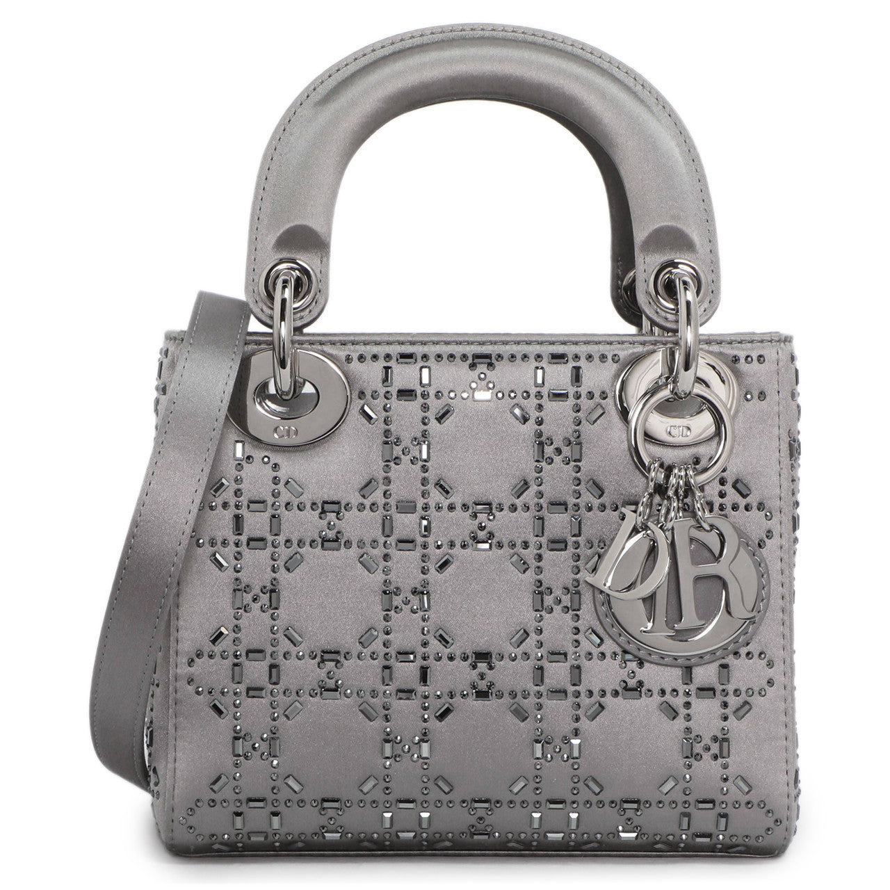 Exclusive Christian Dior Grey Satin Crystal Cannage  Mini Lady Dior — Front View