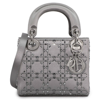 Exclusive Christian Dior Grey Satin Crystal Cannage  Mini Lady Dior — Front View