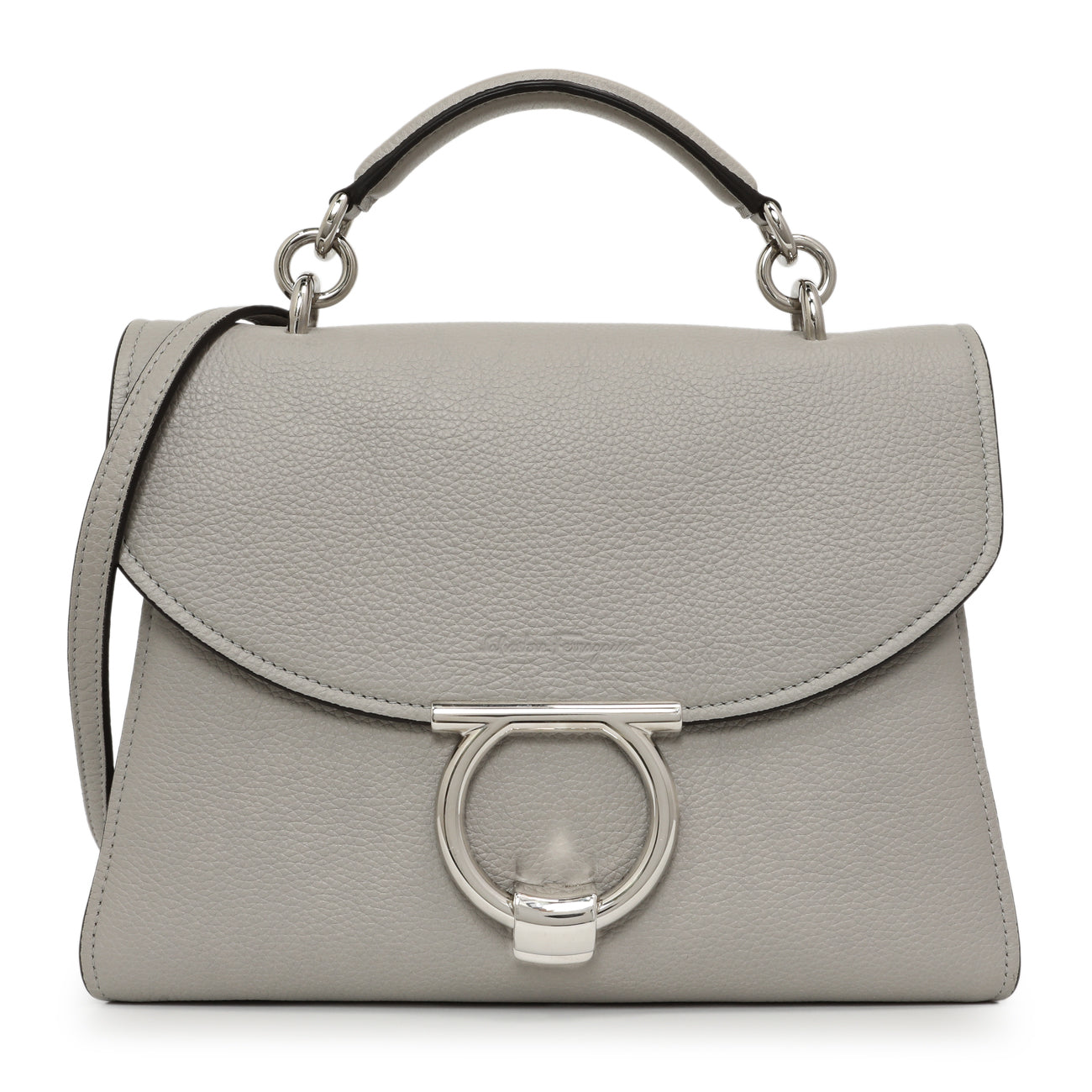 Exclusive Salvatore Ferragamo Grey Calfskin Small Margot Top Handle — Front View