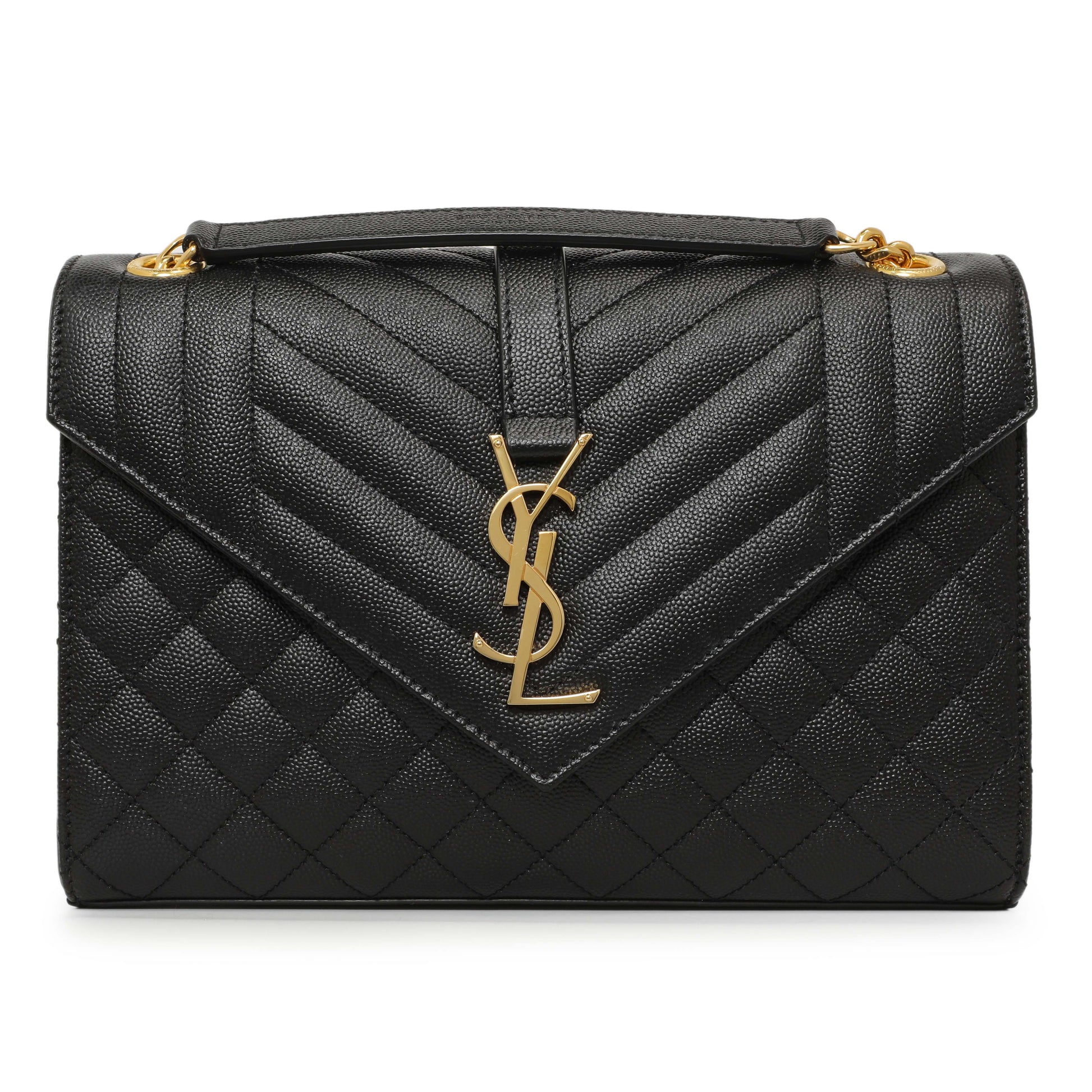 Exclusive Saint Laurent Black Grain De Poudre Matelasse Chevron Medium Triquilt Monogram Satchel — Front View