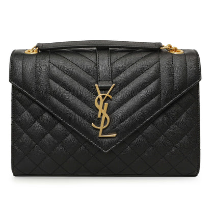Exclusive Saint Laurent Black Grain De Poudre Matelasse Chevron Medium Triquilt Monogram Satchel — Front View