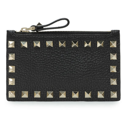 Exclusive Valentino Black Calfskin Rockstud Zipped Card Holder — Front View