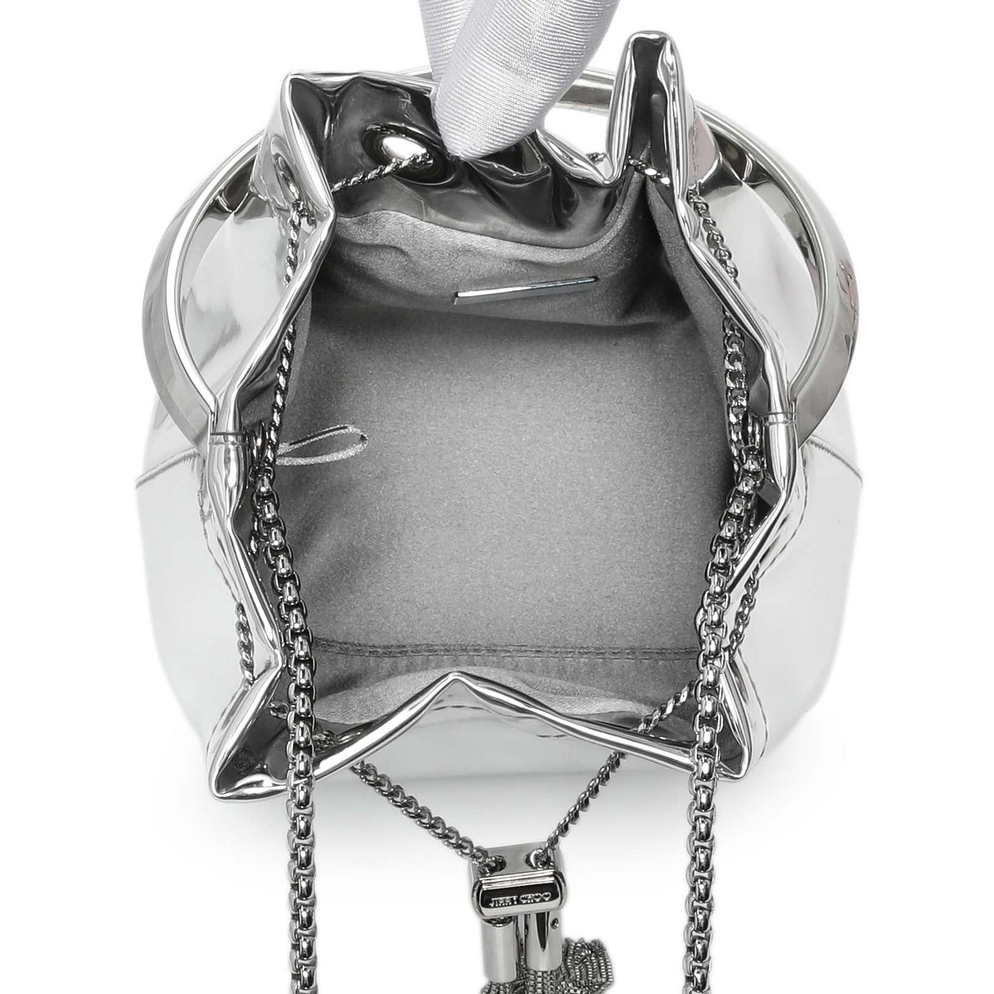 Exclusive Jimmy Choo Silver Bon Bon Mirror Fabric Mini Bag with Metal Handle — Top View