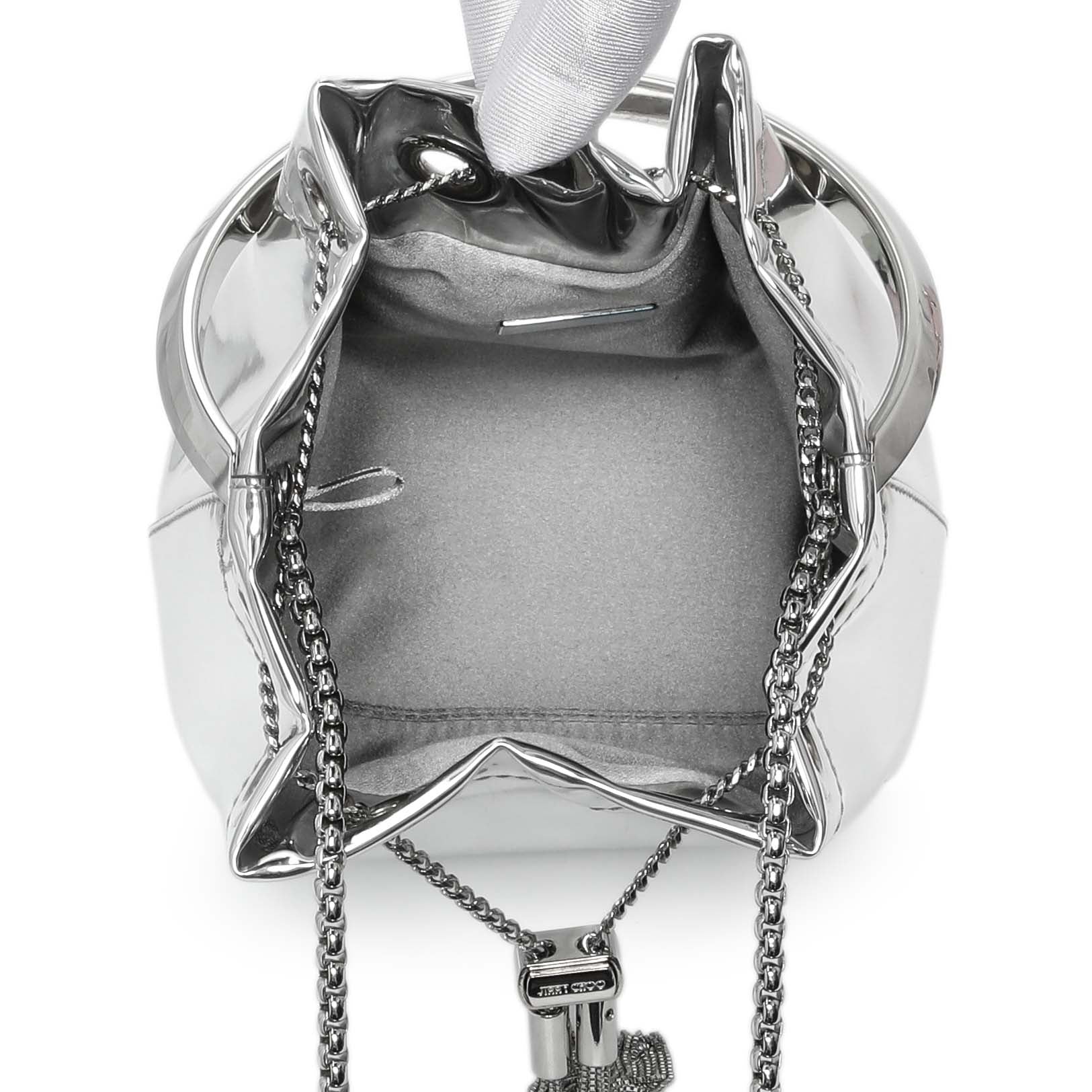Exclusive Jimmy Choo Silver Bon Bon Mirror Fabric Mini Bag with Metal Handle — Top View