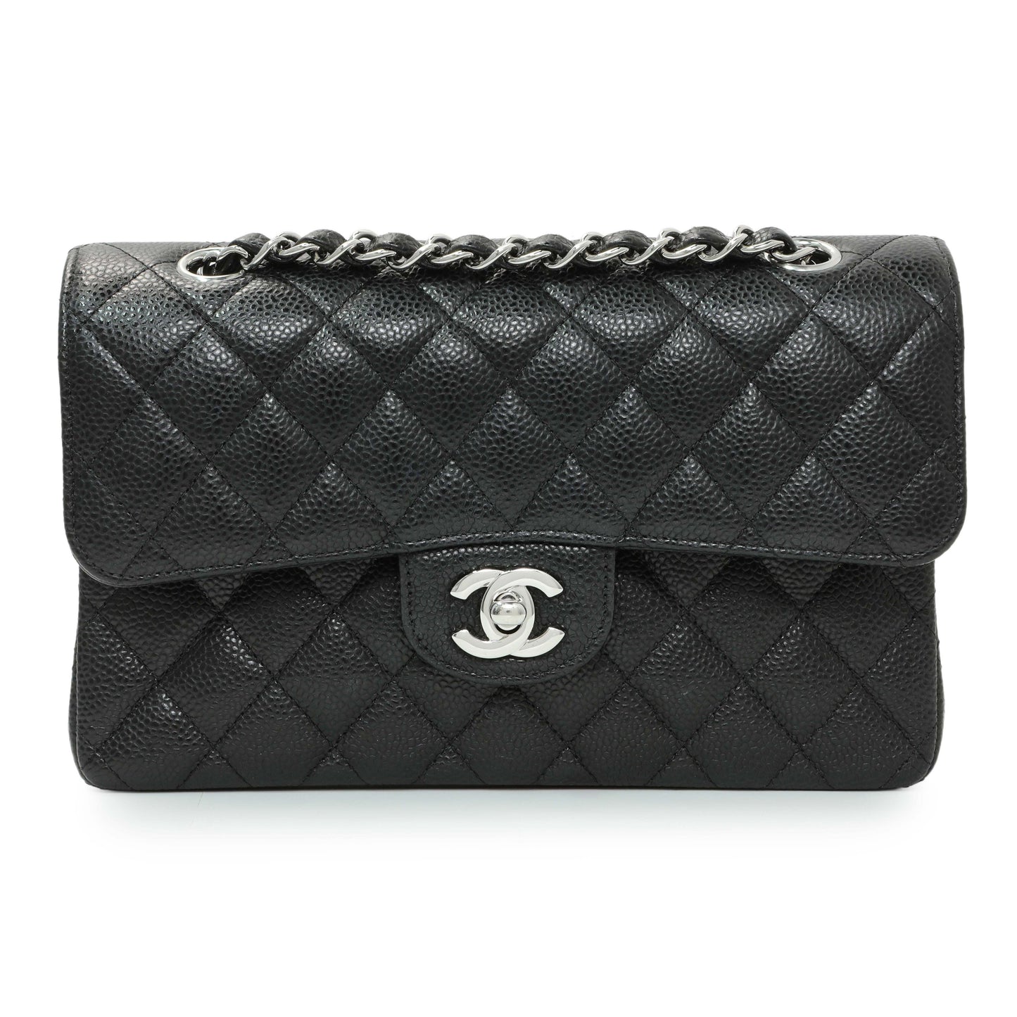 Exclusive Chanel Black Quilted Caviar Small Classic Double Flap — Front View