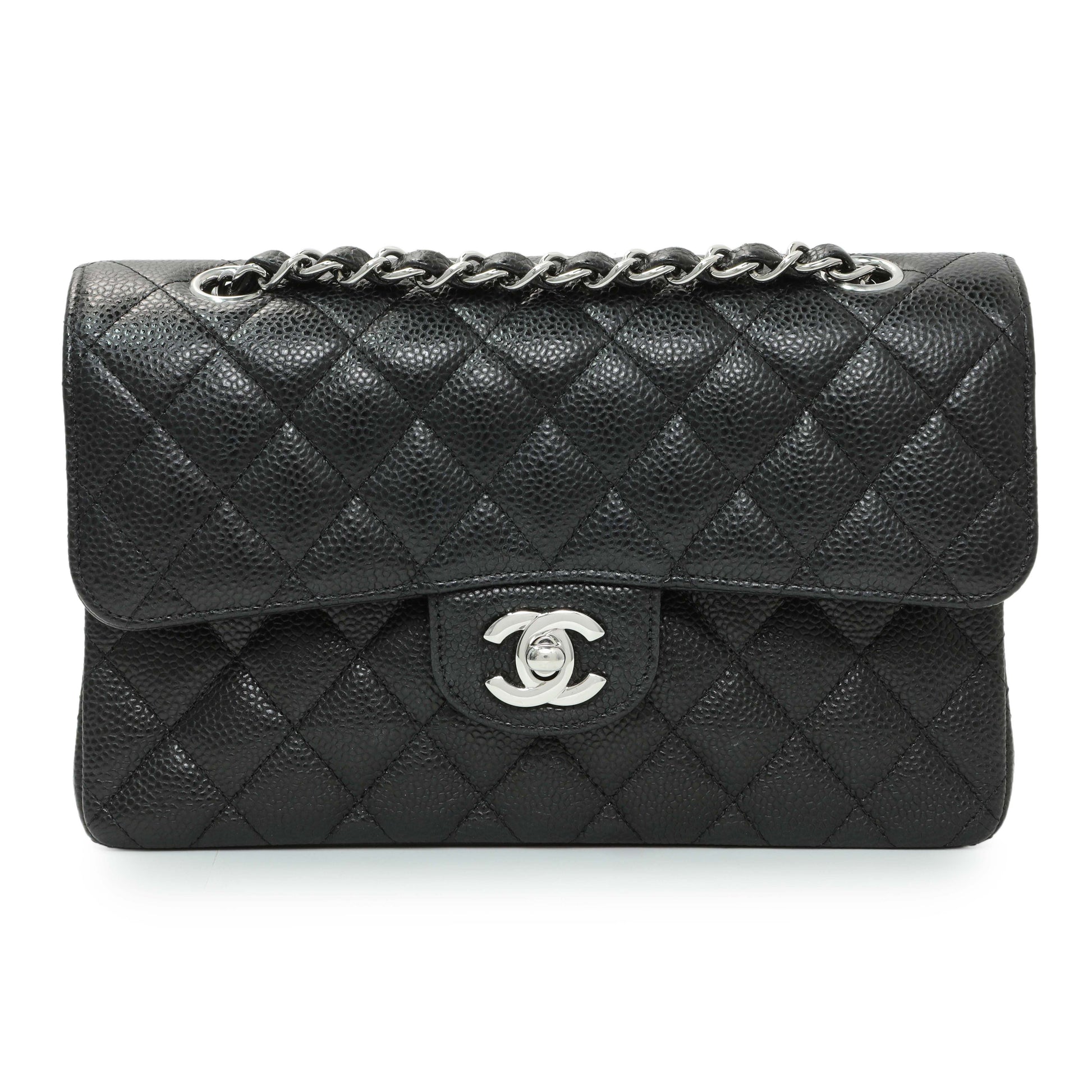 Exclusive Chanel Black Quilted Caviar Small Classic Double Flap — Front View