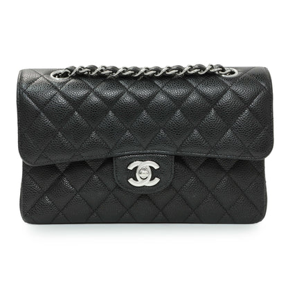 Exclusive Chanel Black Quilted Caviar Small Classic Double Flap — Front View