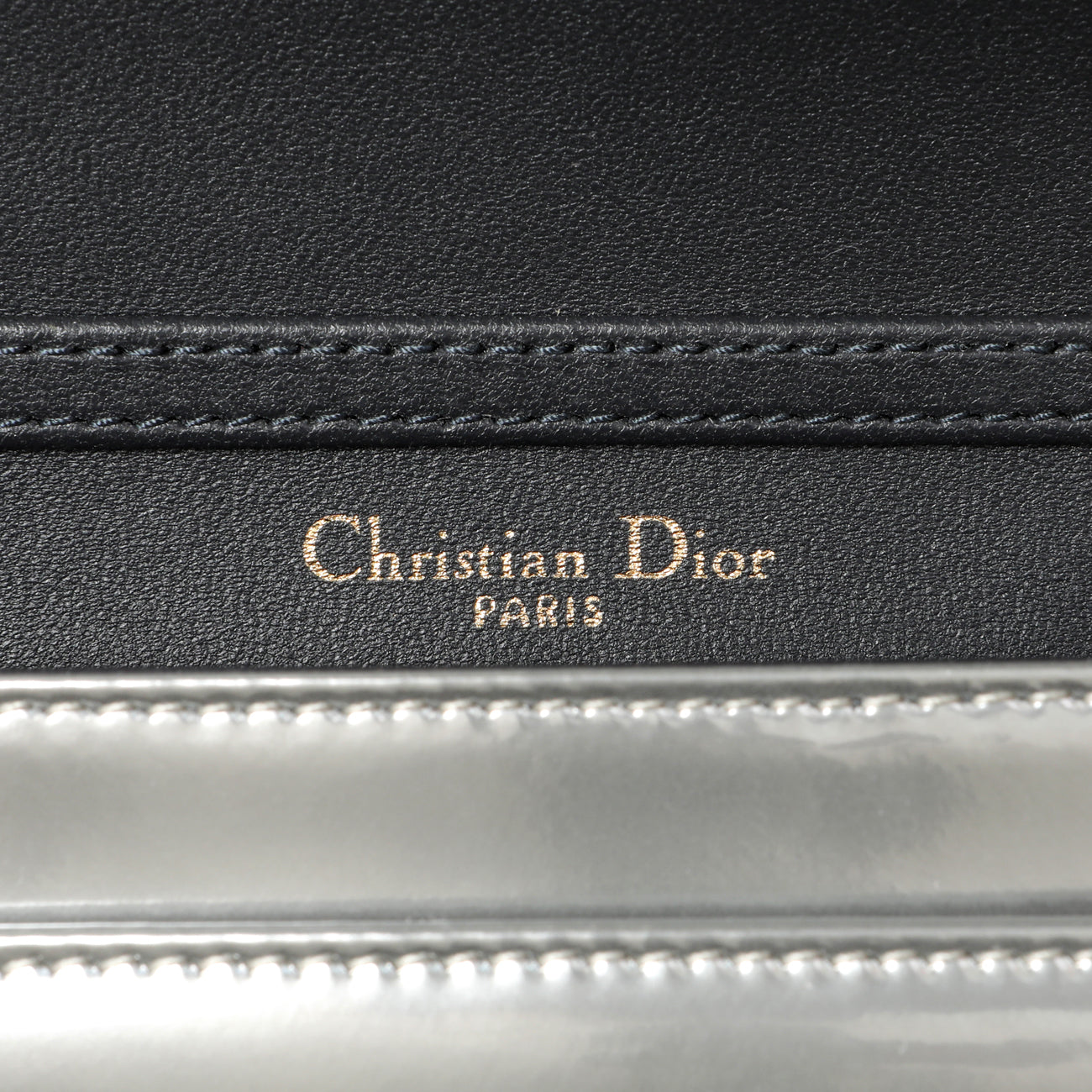 Exclusive Christian Dior Silver Patent Micro-Cannage Diorama Wallet on Chain — Detail View