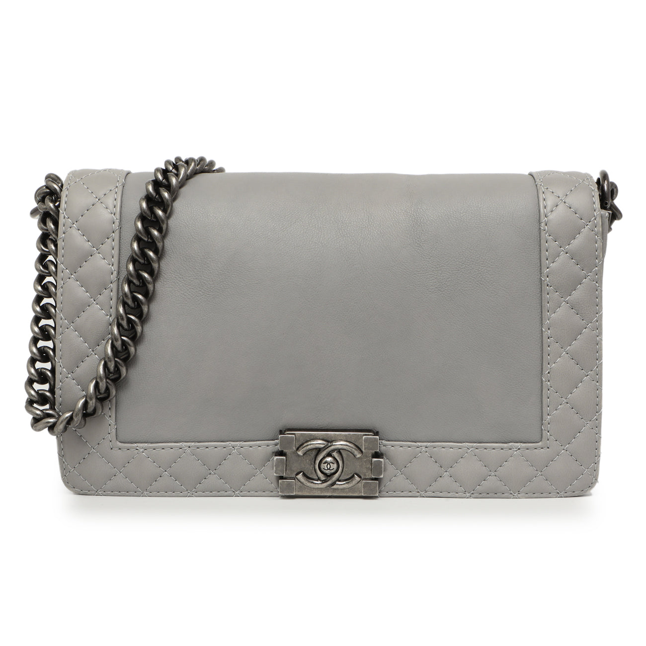 Exclusive Chanel Grey Calfskin New Medium Boy Reverso Flap — Front View