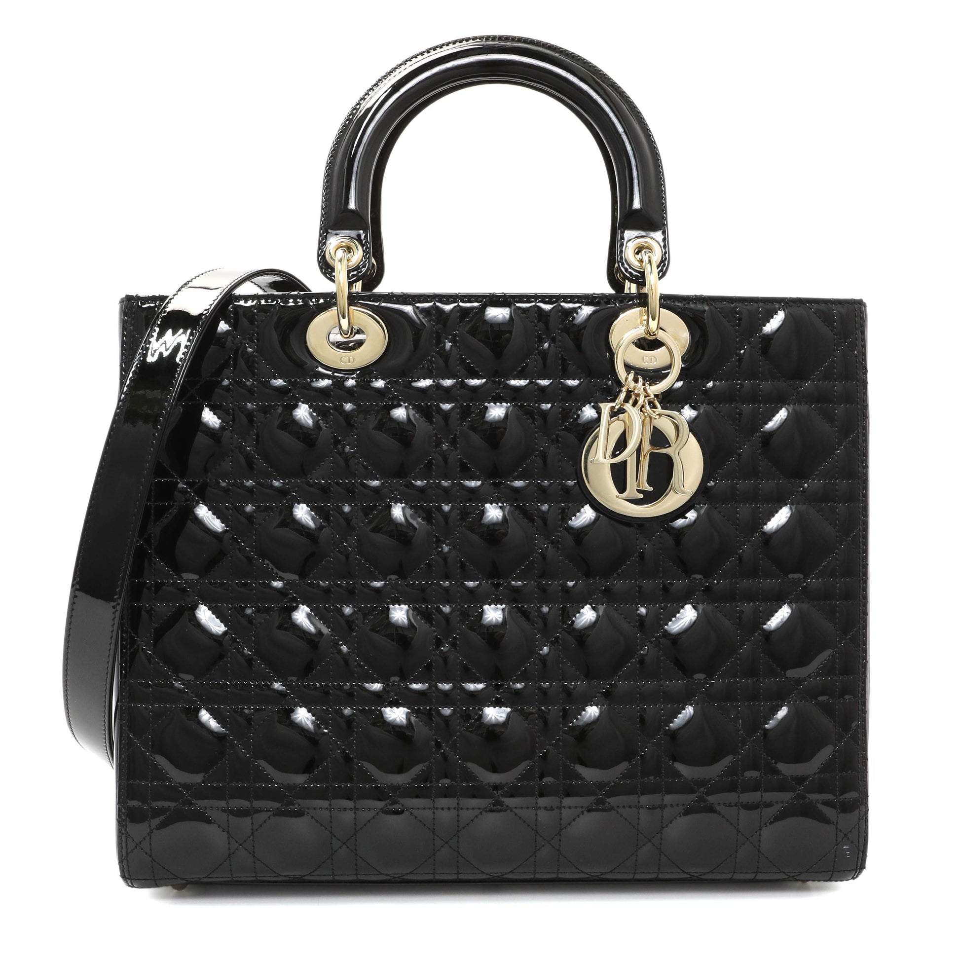 Exclusive Christian Dior Black Patent Cannage Large Lady Dior — Front View