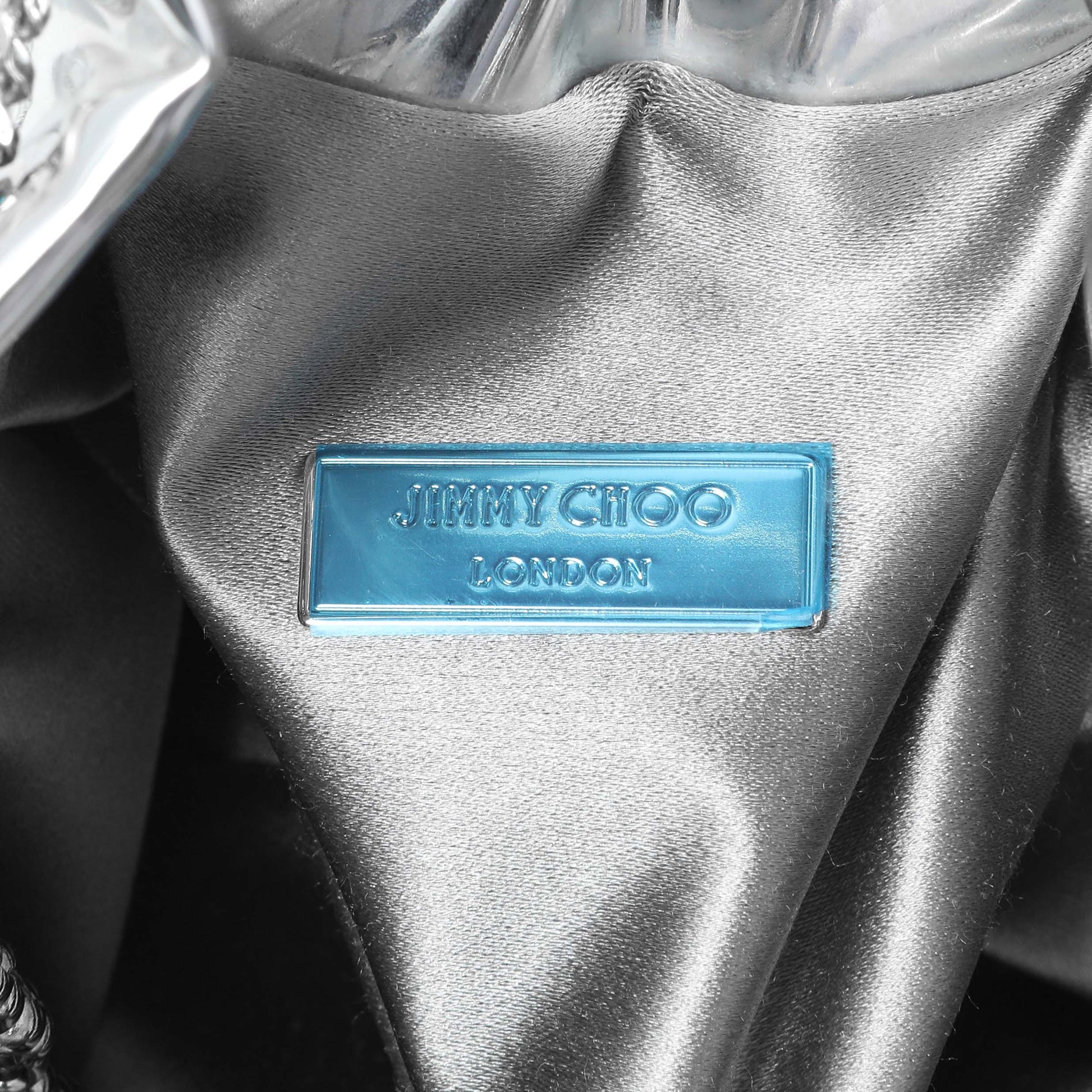 Exclusive Jimmy Choo Silver Bon Bon Mirror Fabric Mini Bag with Metal Handle — Detail View