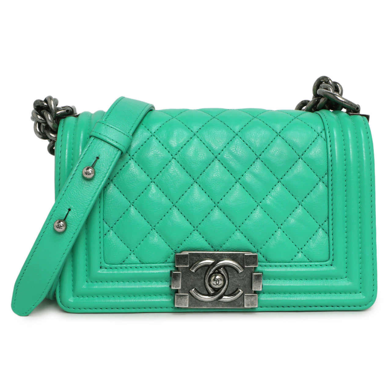 Exclusive Chanel Green Calfskin Small Boy Bag — Front View