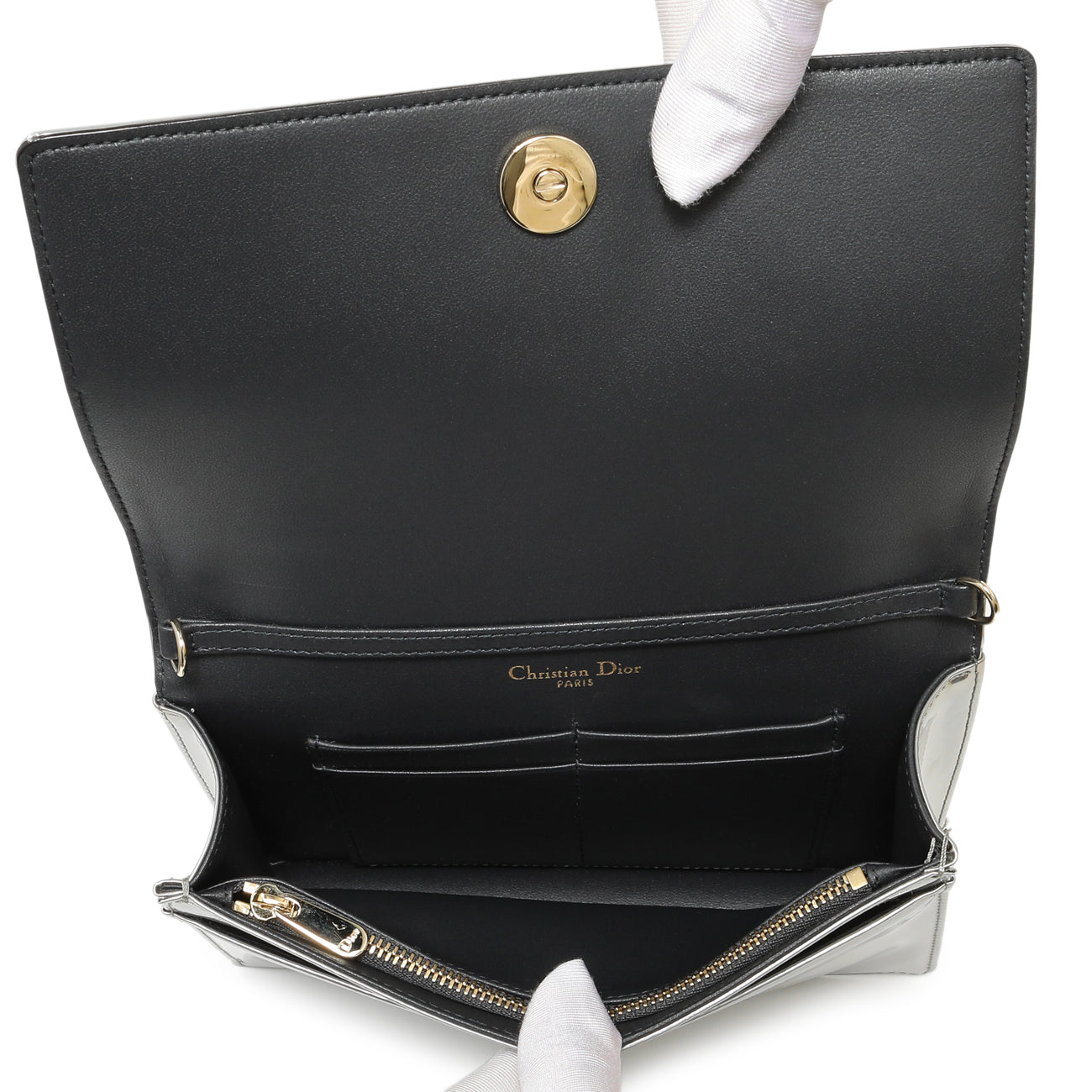 Exclusive Christian Dior Silver Patent Micro-Cannage Diorama Wallet on Chain — Top View