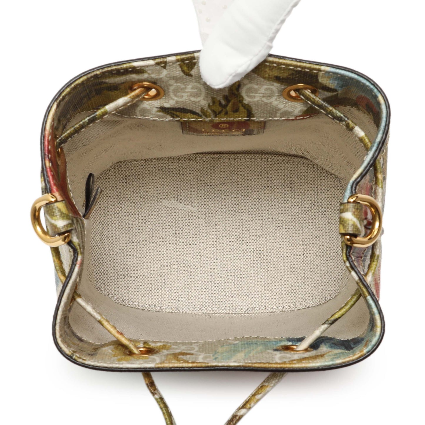 Exclusive Gucci GG Supreme Monogram Water Flora Web Mini Ophidia Bucket Bag — Top View