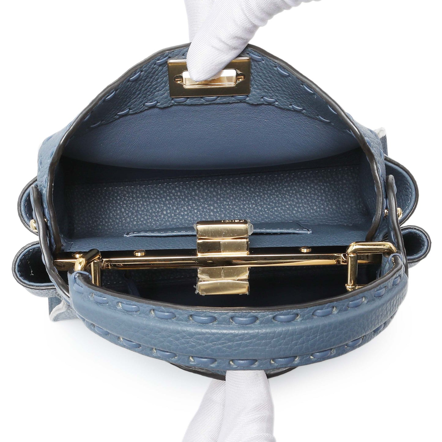 Exclusive Fendi Blue Cuoio Romano Selleria Mini Peekaboo Iconic Satchel — Top View