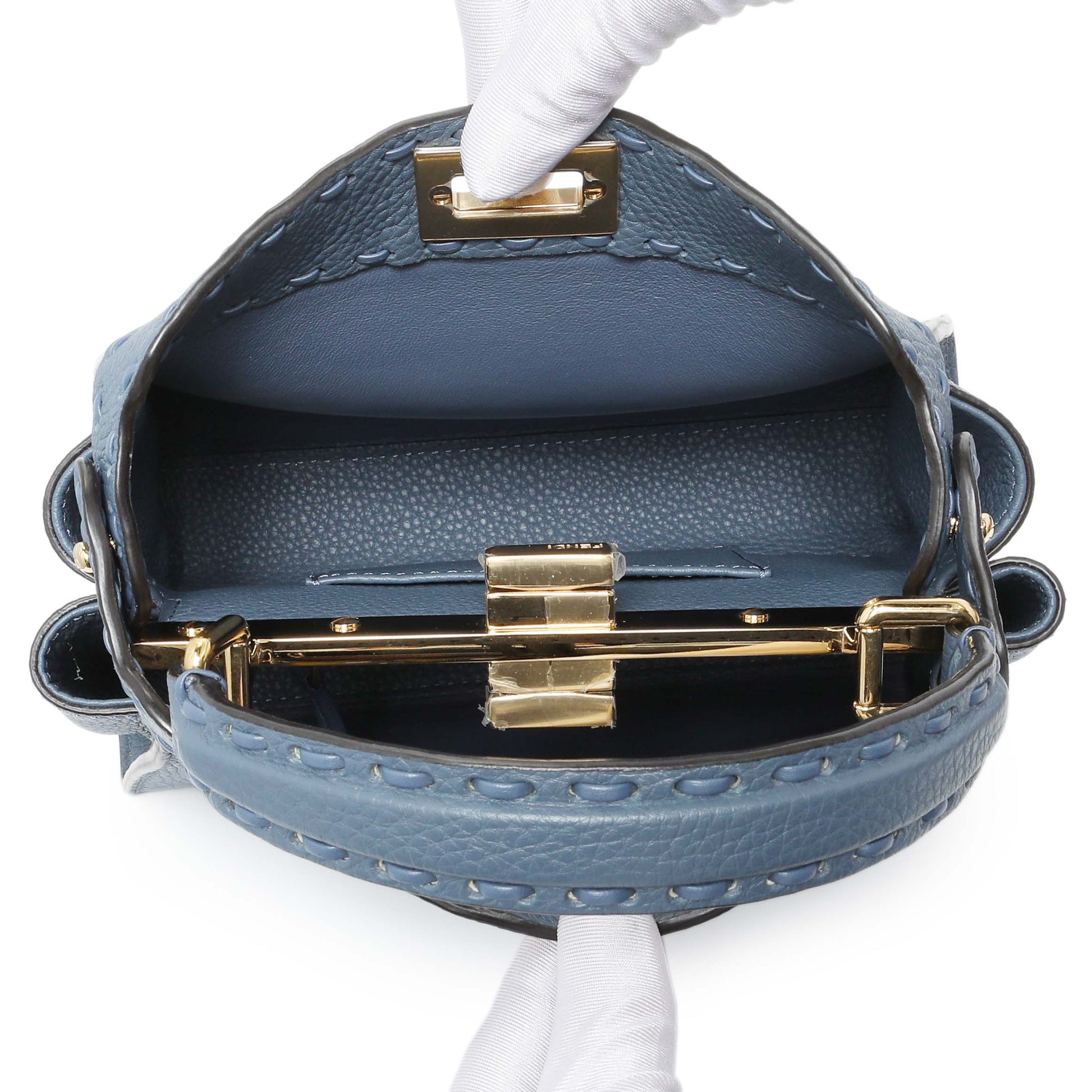 Exclusive Fendi Blue Cuoio Romano Selleria Mini Peekaboo Iconic Satchel — Top View