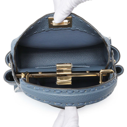 Exclusive Fendi Blue Cuoio Romano Selleria Mini Peekaboo Iconic Satchel — Top View