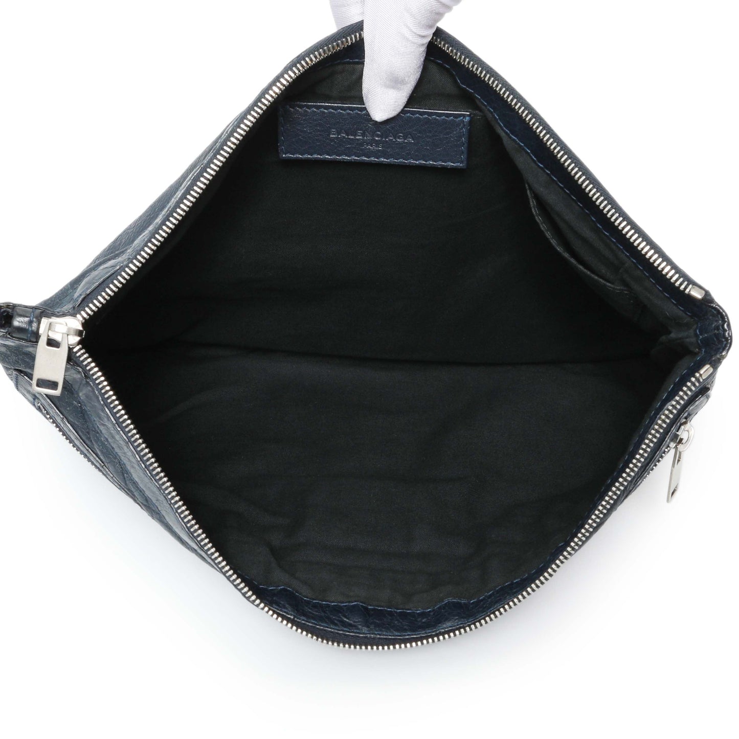 Exclusive Balenciaga Navy Agneau Arena Classic Silver Hardware Large Clip Clutch — Lifestyle View
