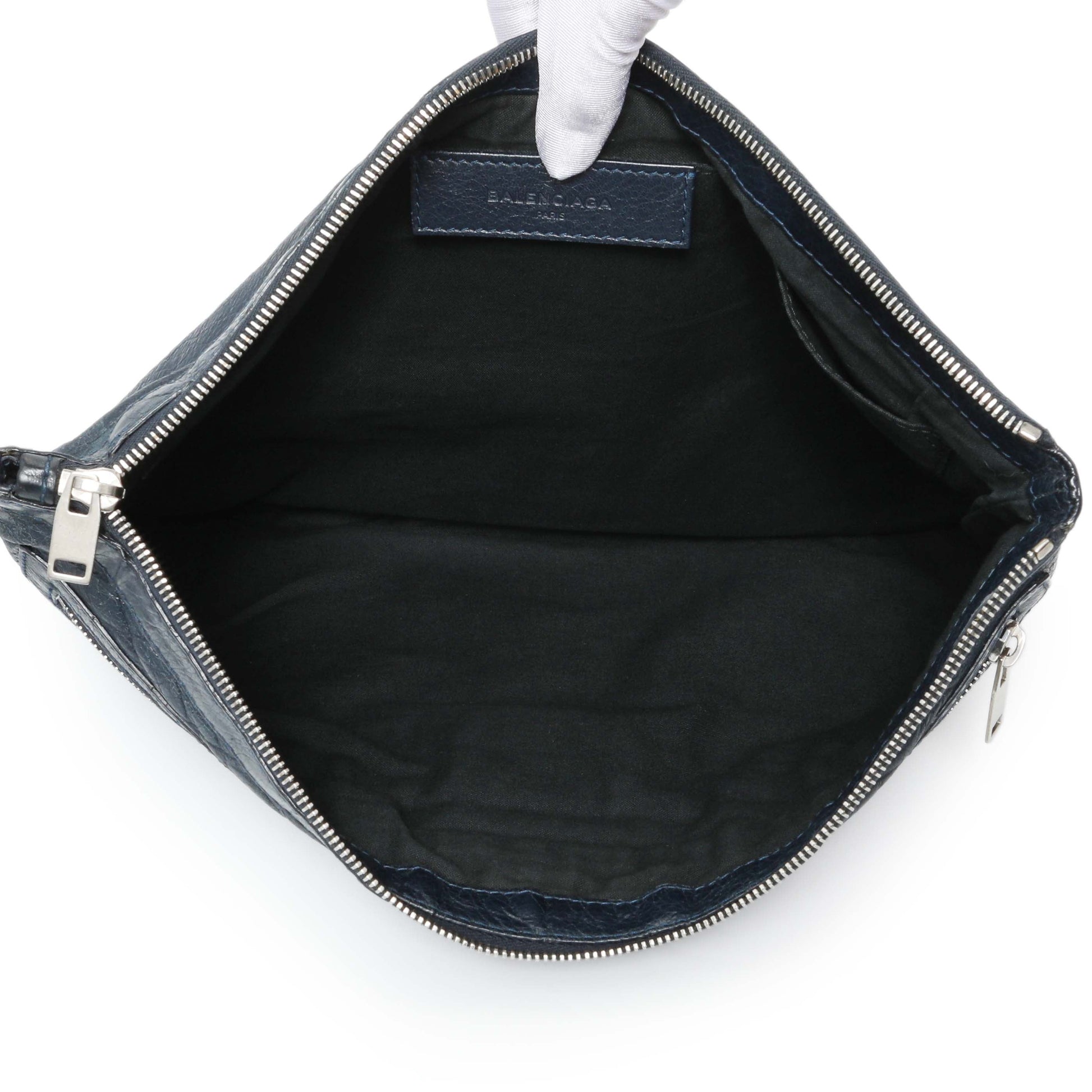 Exclusive Balenciaga Navy Agneau Arena Classic Silver Hardware Large Clip Clutch — Lifestyle View