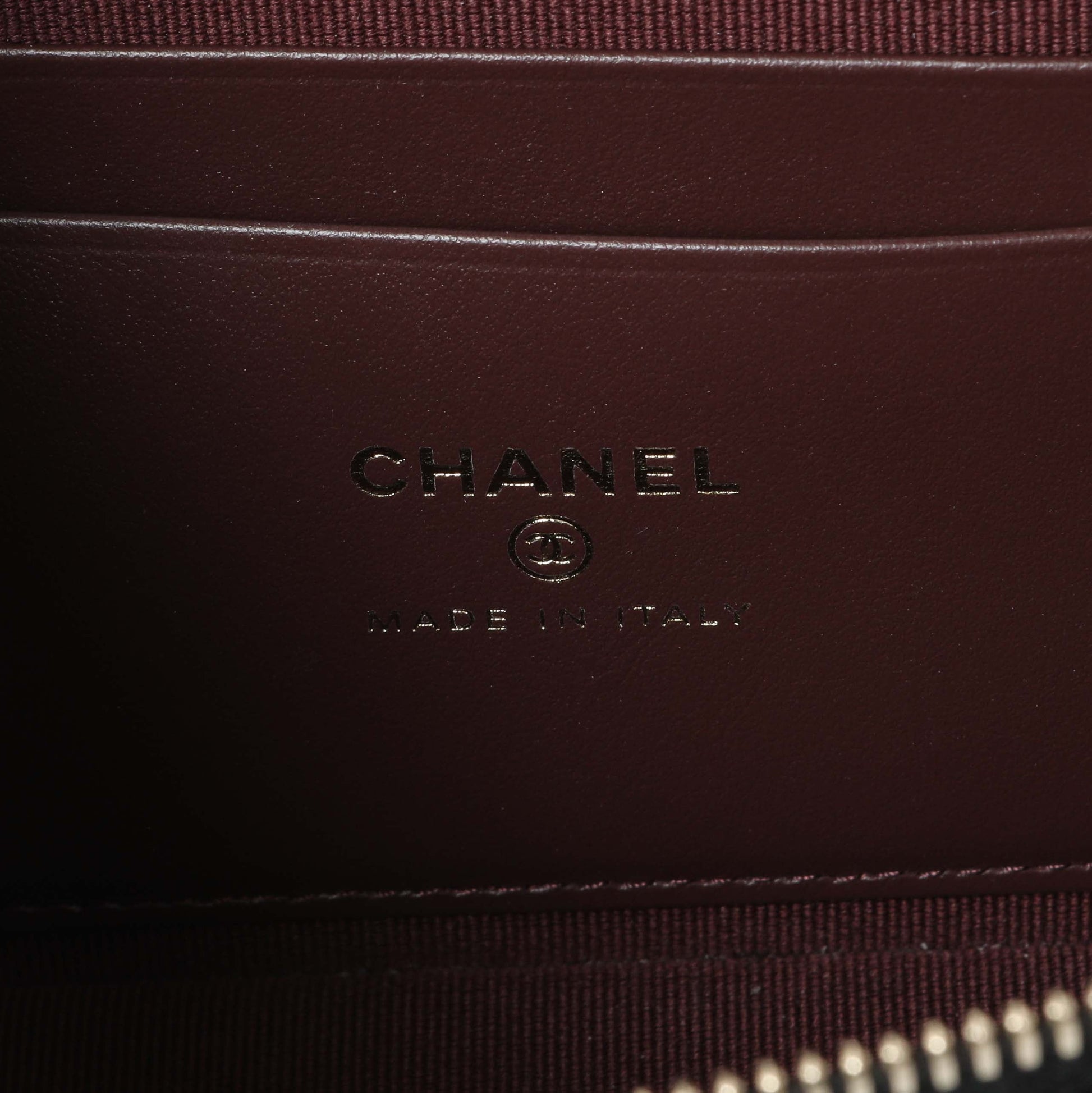 Exclusive Chanel Black Quilted Caviar Top Handle Slim Vanity With Chain — Detail View