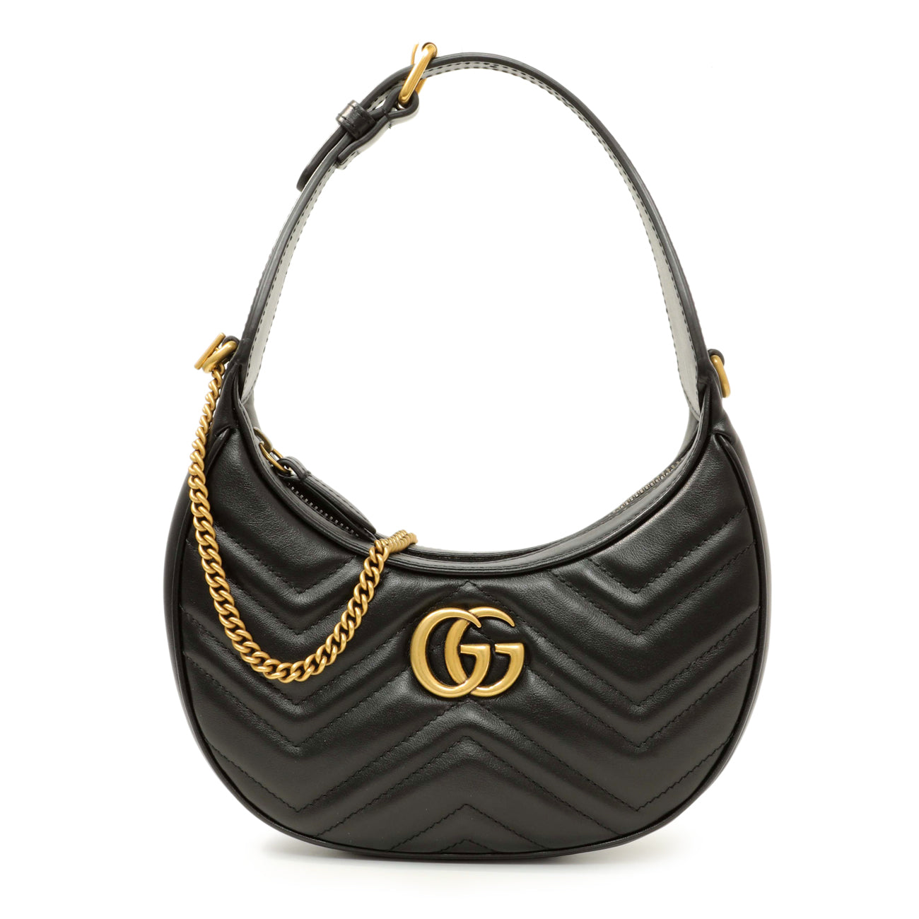 Exclusive Gucci Black Calfskin Matelasse Chevron Mini GG Marmont Half Moon Hobo — Front View