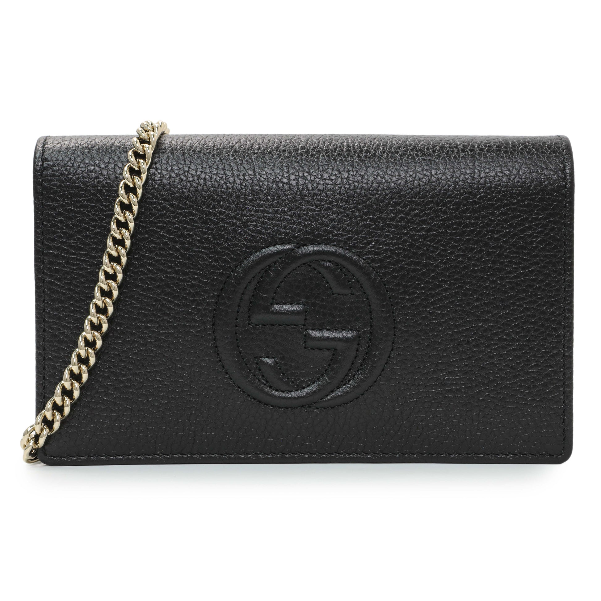 Exclusive Gucci Black Pebbled Calfskin Soho Wallet on Chain — Front View