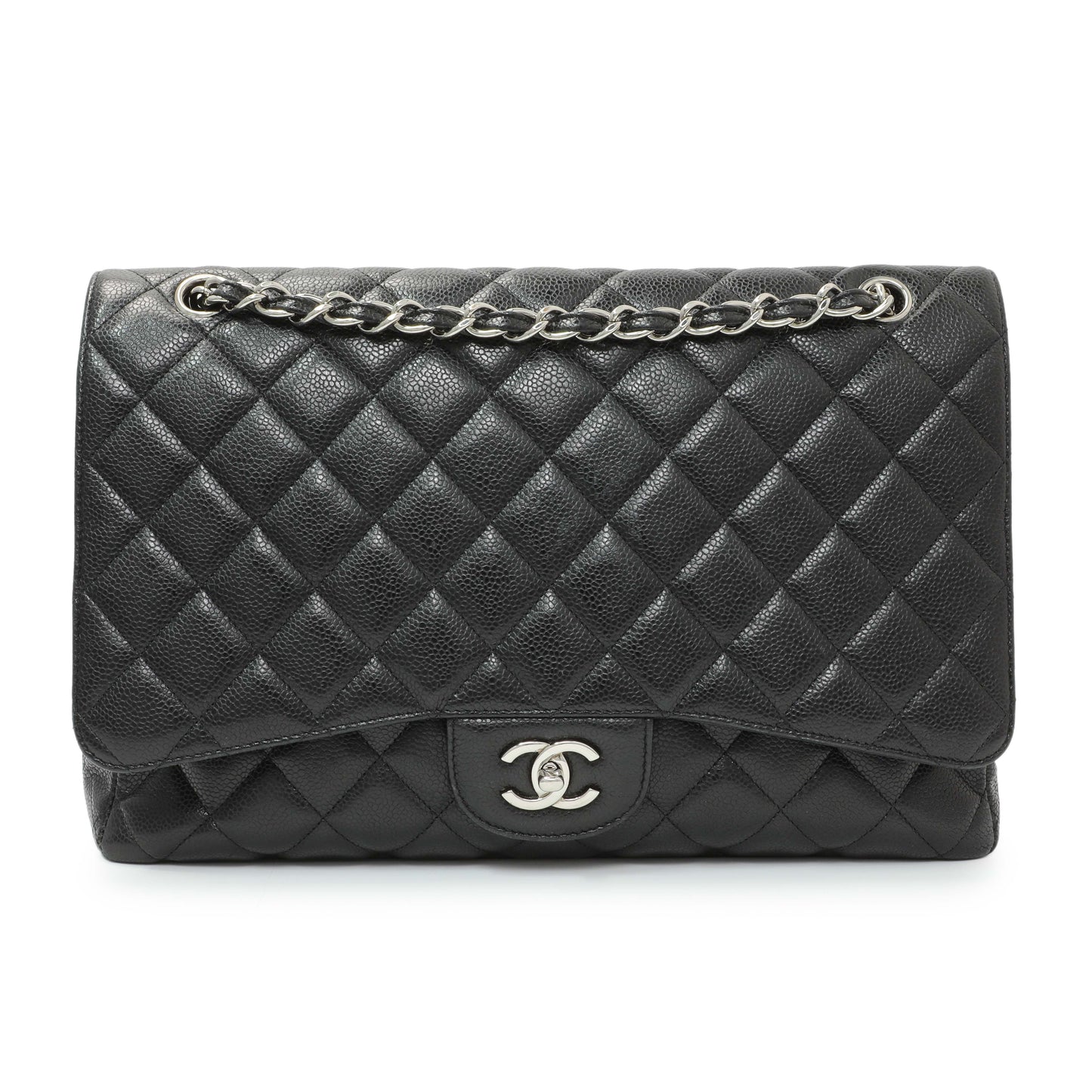 Exclusive Chanel Black Quilted Caviar Maxi Single Flap — Front View