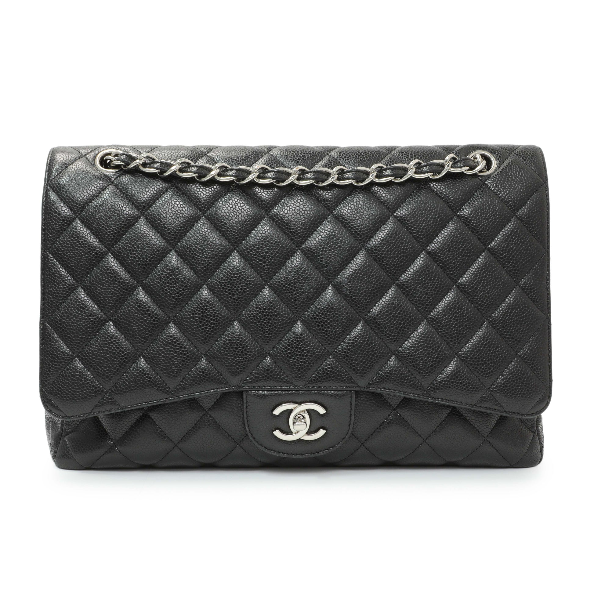 Exclusive Chanel Black Quilted Caviar Maxi Single Flap — Front View