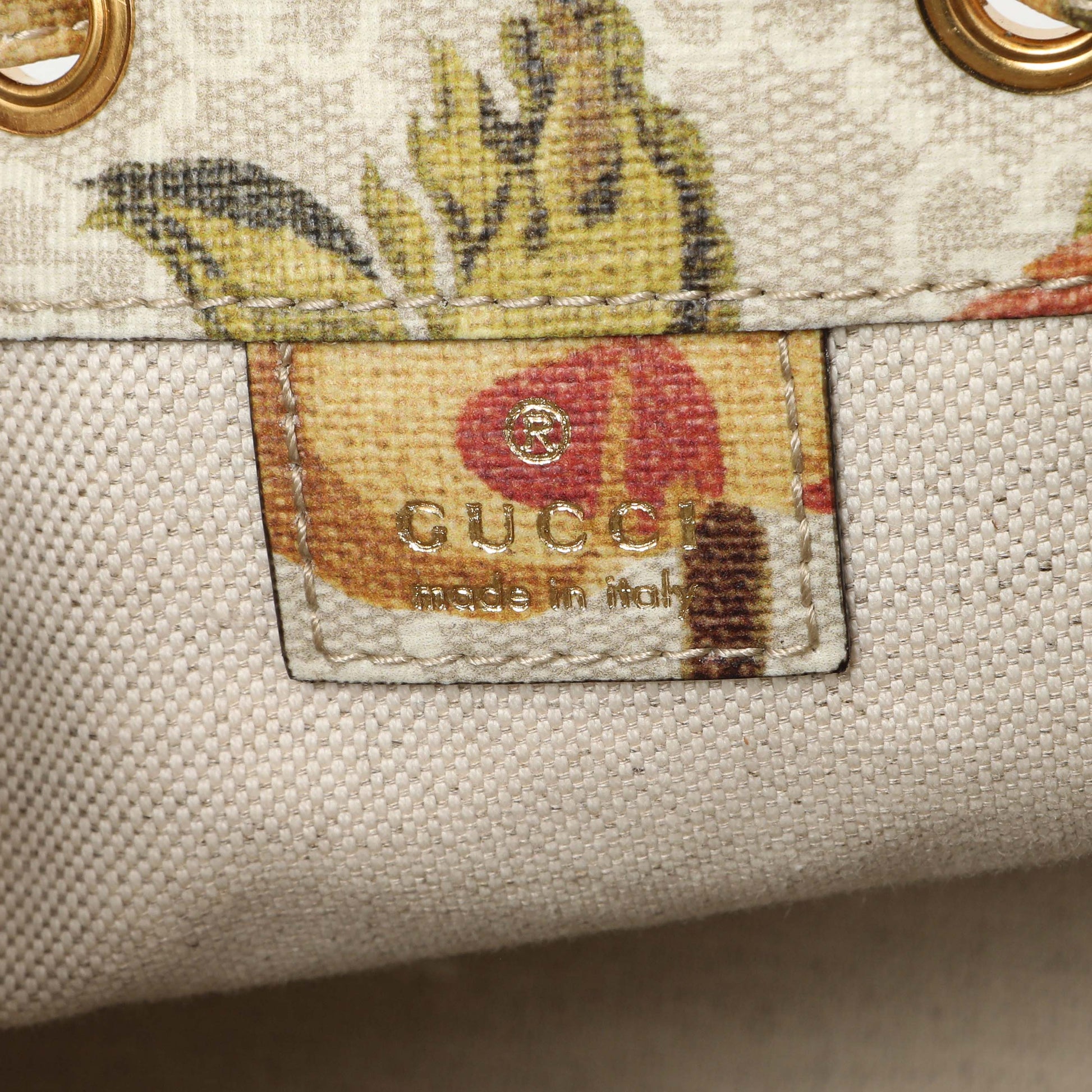 Exclusive Gucci GG Supreme Monogram Water Flora Web Mini Ophidia Bucket Bag — Detail View