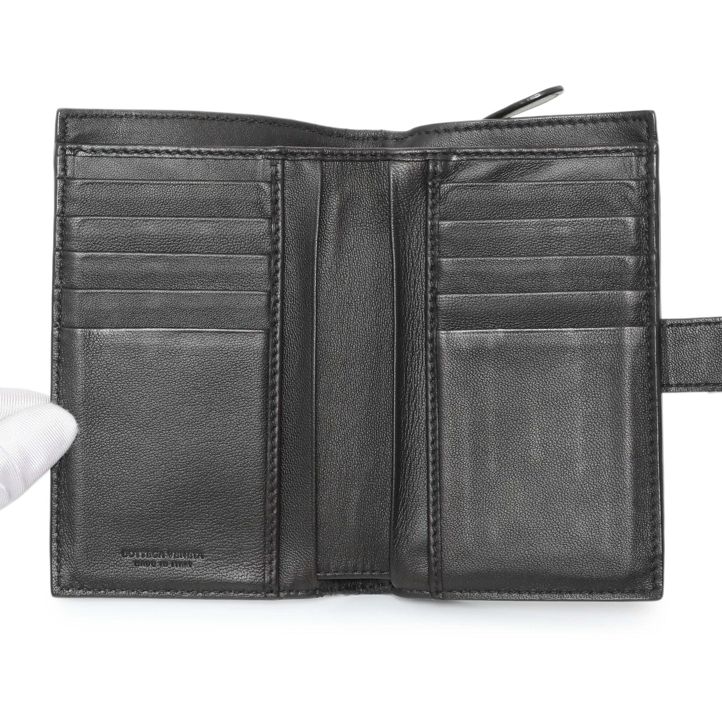 Exclusive Bottega Veneta Black Intrecciato Bi-Fold Compact Wallet — Lifestyle View