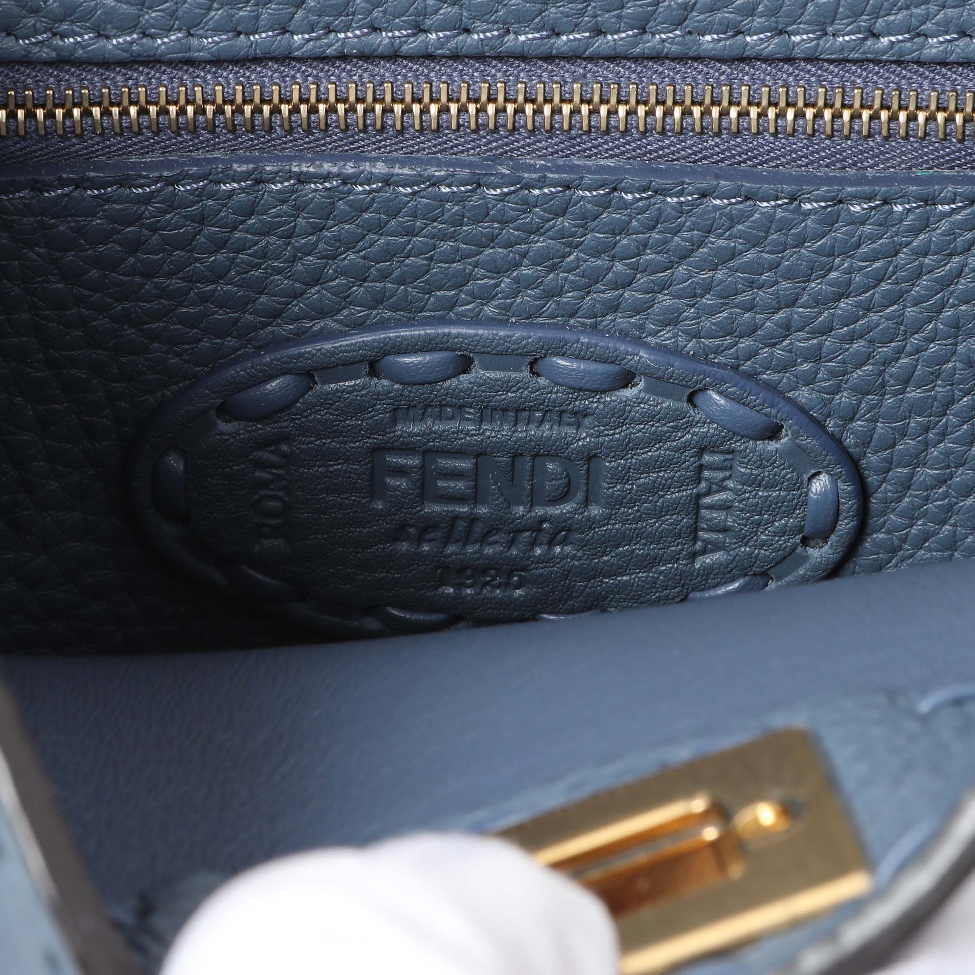 Exclusive Fendi Blue Cuoio Romano Selleria Mini Peekaboo Iconic Satchel — Detail View
